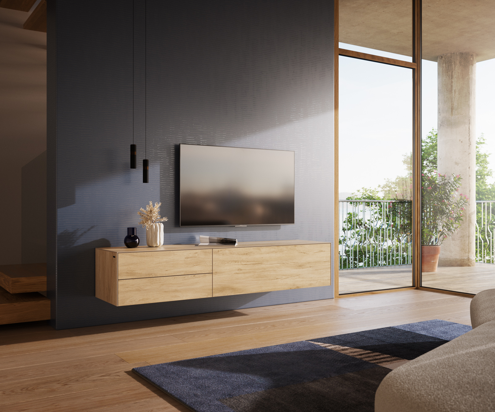 TV szekrény Cuor 180 cm kerámia Laminam® sabbia tölgyszínű 1 billenő ajtó 2 fiókos lebegő