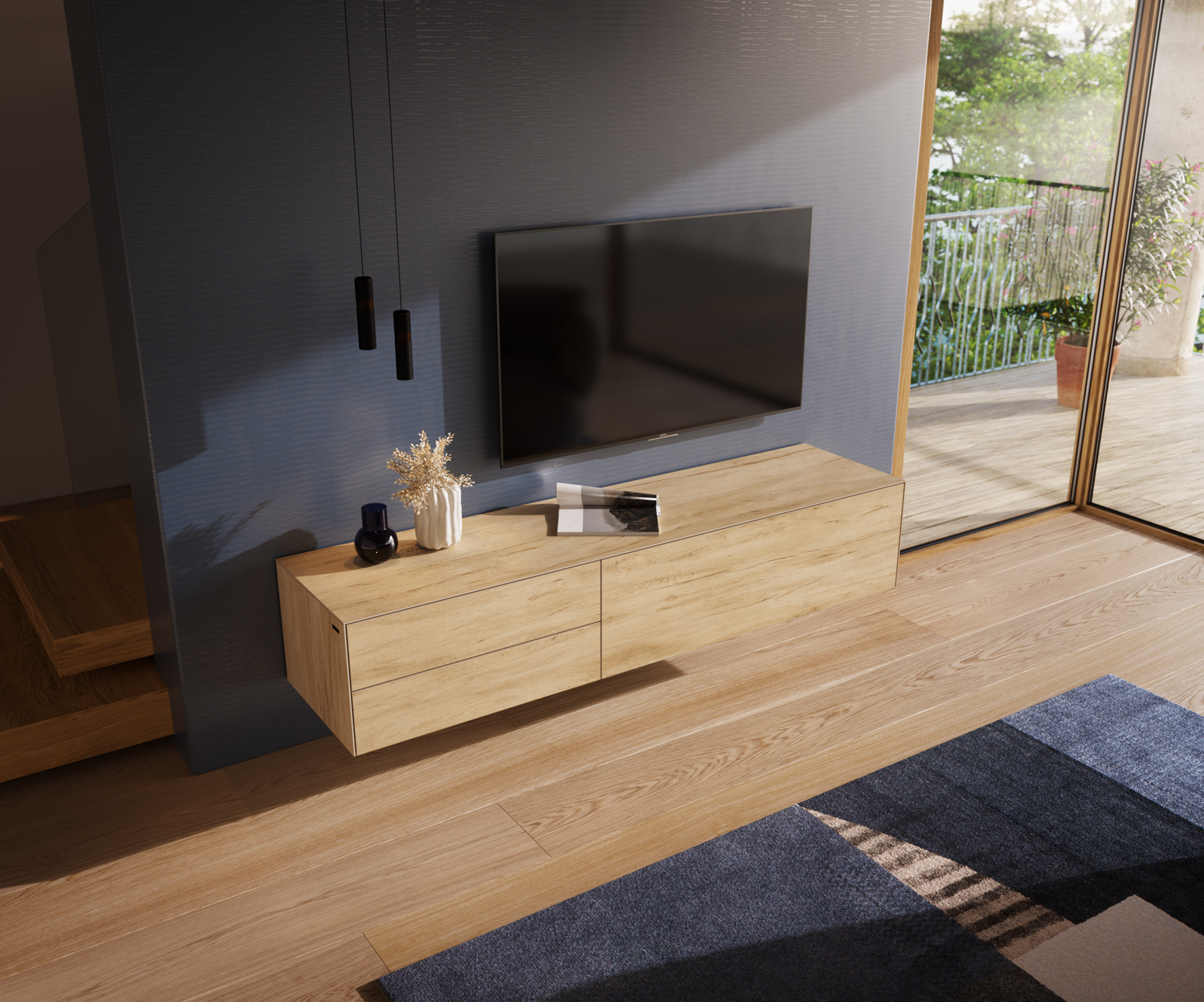 TV szekrény Cuor 180 cm kerámia Laminam® sabbia tölgyszínű 1 billenő ajtó 2 fiókos lebegő - Image 4