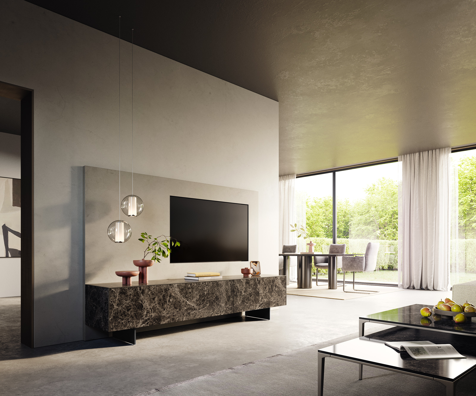 TV szekrény Cuor 220 cm kerámia Laminam® Emperador Extra Lucidato sötétbarna 1 billenő ajtó 2 fiókos lebegő fém láb fekete - Image 7