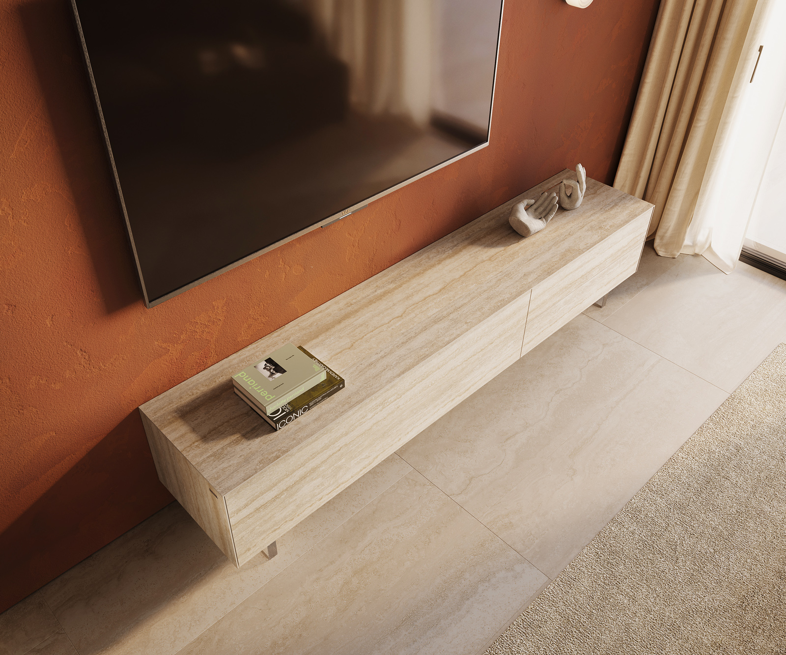 TV szekrény Cuor 220 cm kerámia Laminam® Travertino Bianco krémfehér 1 billenő ajtó 2 fiókos rekesz lebegő láb akrilüveg - Image 4