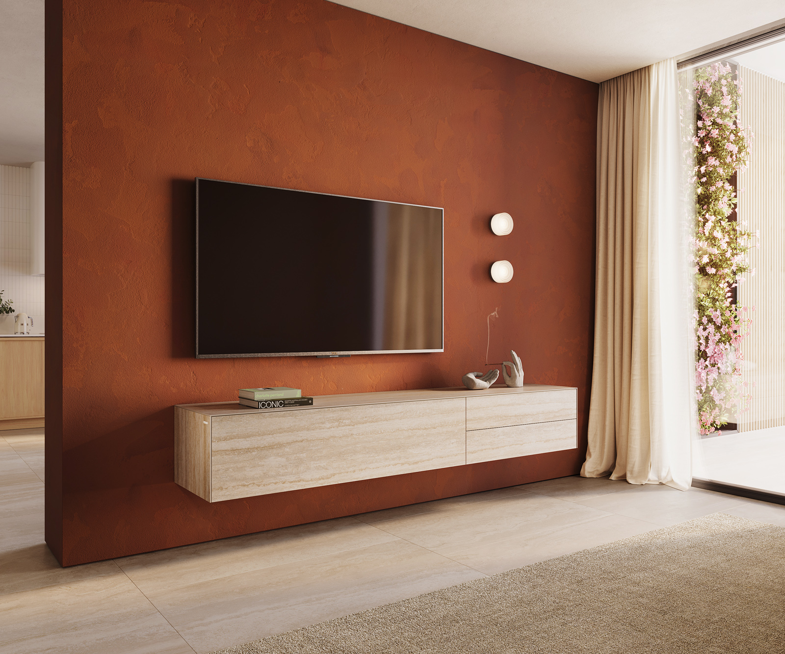TV szekrény Cuor 220 cm kerámia Laminam® Travertino Bianco krémfehér 1 billenő ajtó 2 fiókos lebegő