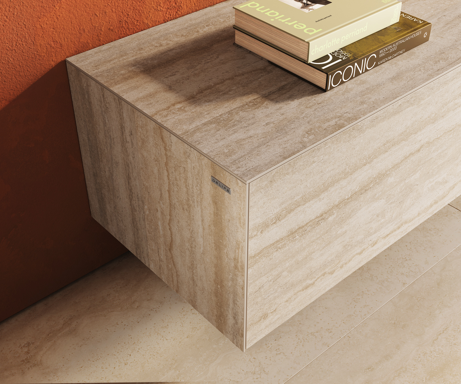 TV szekrény Cuor 220 cm kerámia Laminam® Travertino Bianco krémfehér 1 billenő ajtó 2 fiókos lebegő - Image 6