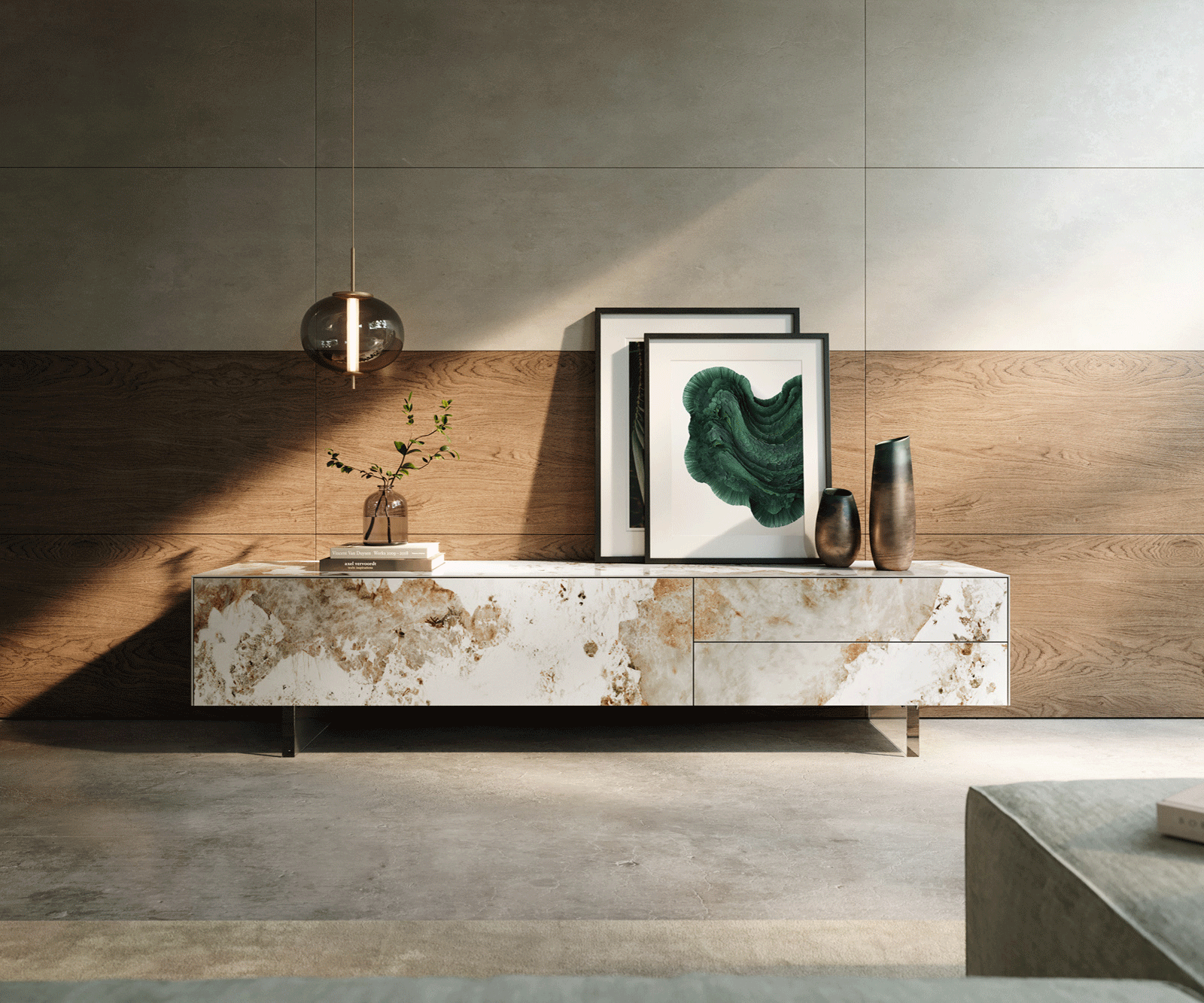 TV szekrény Cuor 220 cm kerámia Minas melange fehér-bézs 1 billenő ajtó 2 fiókos lebegő láb akrilüveg - Image 2