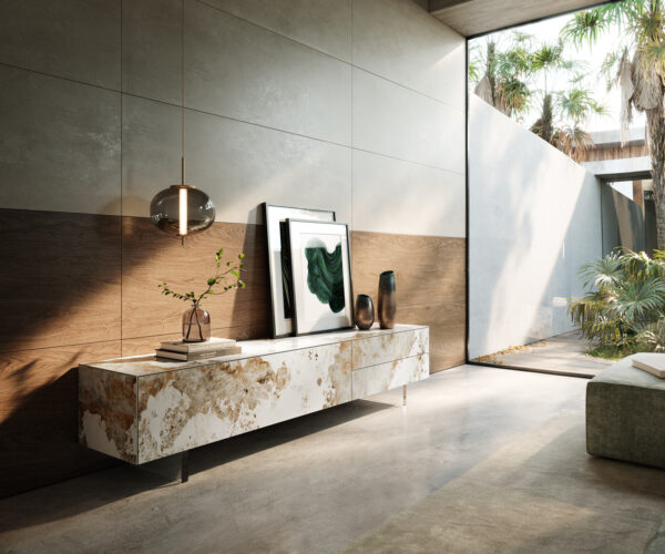 TV szekrény Cuor 220 cm kerámia Minas melange fehér-bézs 1 billenő ajtó 2 fiókos lebegő láb akrilüveg