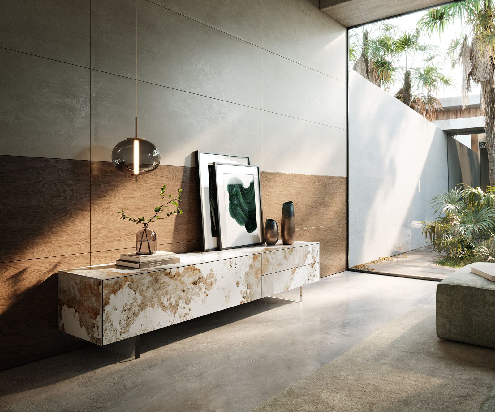 TV szekrény Cuor 220 cm kerámia Minas melange fehér-bézs 1 billenő ajtó 2 fiókos lebegő láb akrilüveg