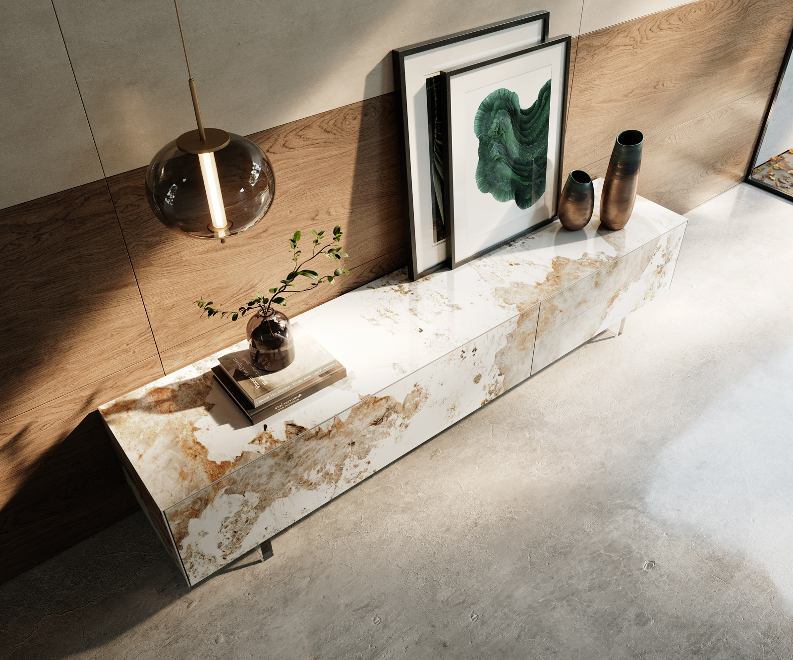 TV szekrény Cuor 220 cm kerámia Minas melange fehér-bézs 1 billenő ajtó 2 fiókos lebegő láb akrilüveg - Image 4