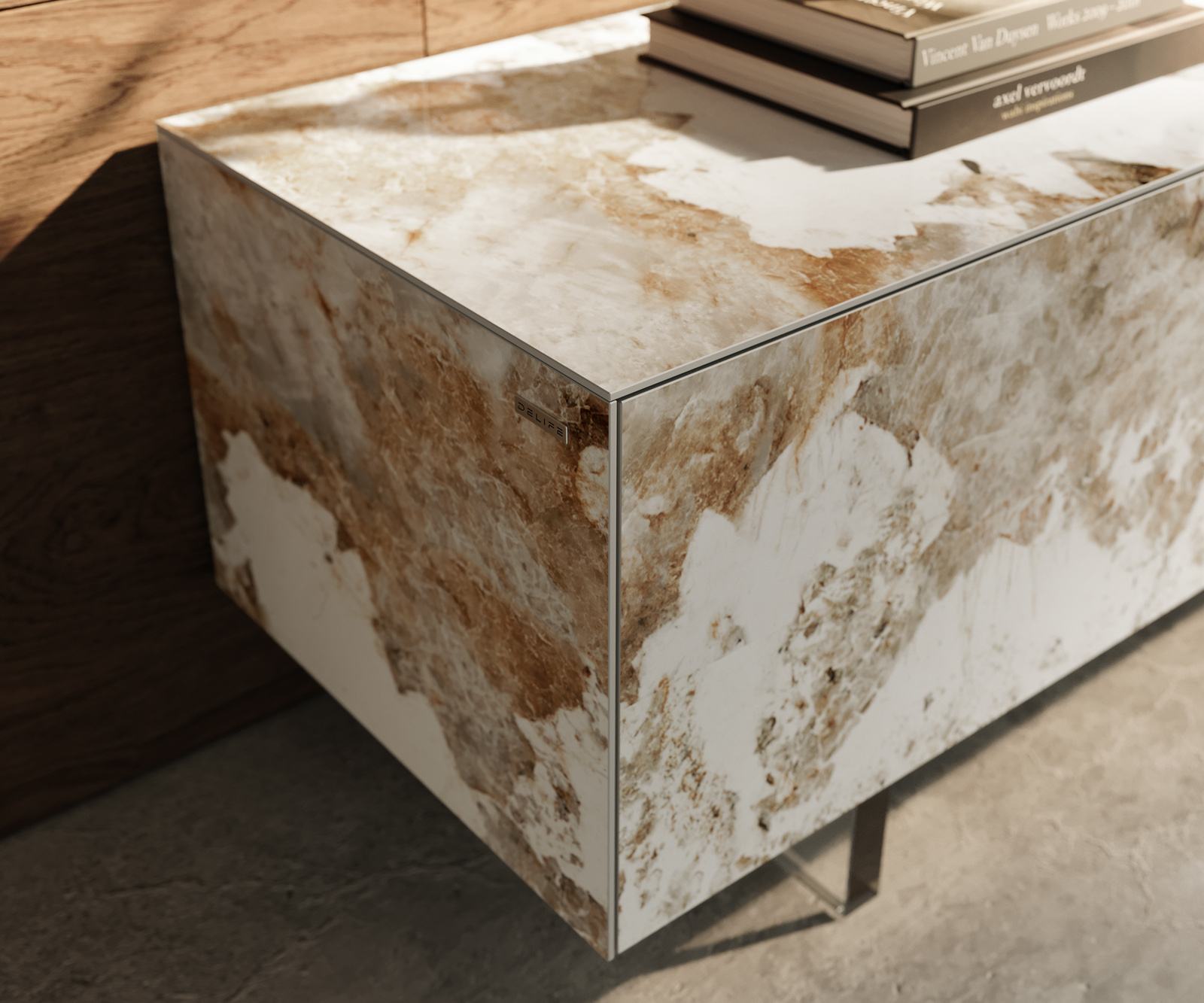 TV szekrény Cuor 220 cm kerámia Minas melange fehér-bézs 1 billenő ajtó 2 fiókos lebegő láb akrilüveg - Image 6