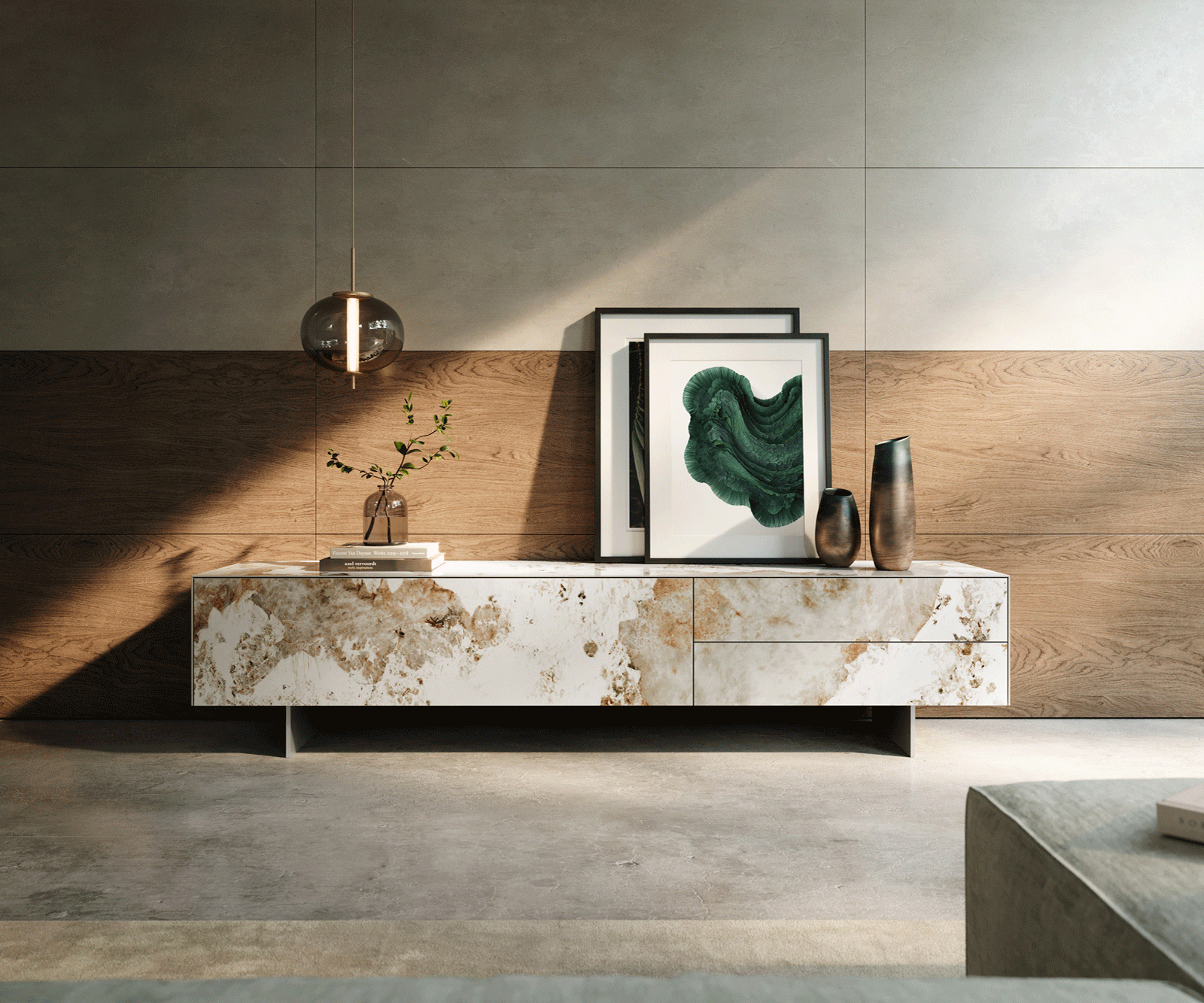 TV szekrény Cuor 220 cm kerámia Minas Melange fehér-bézs 1 billenő ajtó 2 fiókos láb lebegő rozsdamentes acél - Image 2