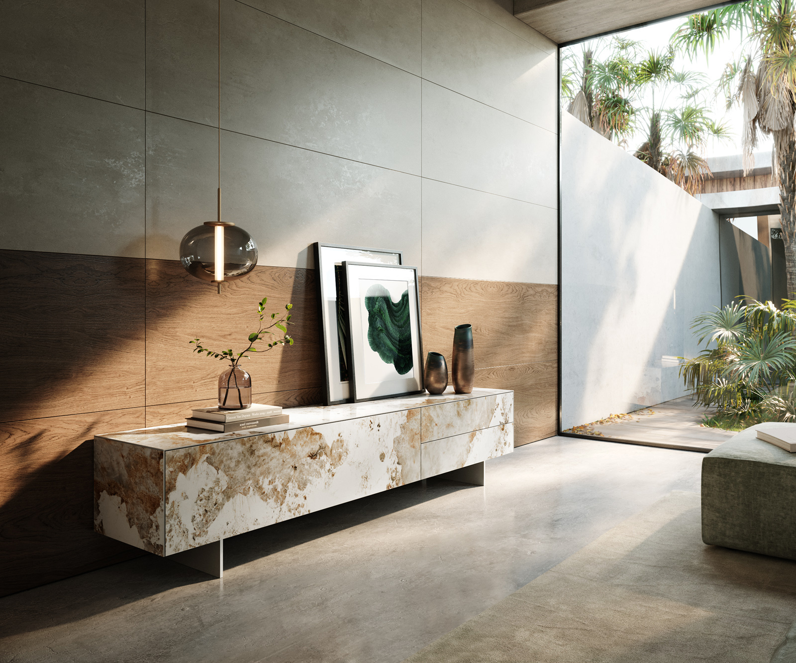 TV szekrény Cuor 220 cm kerámia Minas Melange fehér-bézs 1 billenő ajtó 2 fiókos láb lebegő rozsdamentes acél