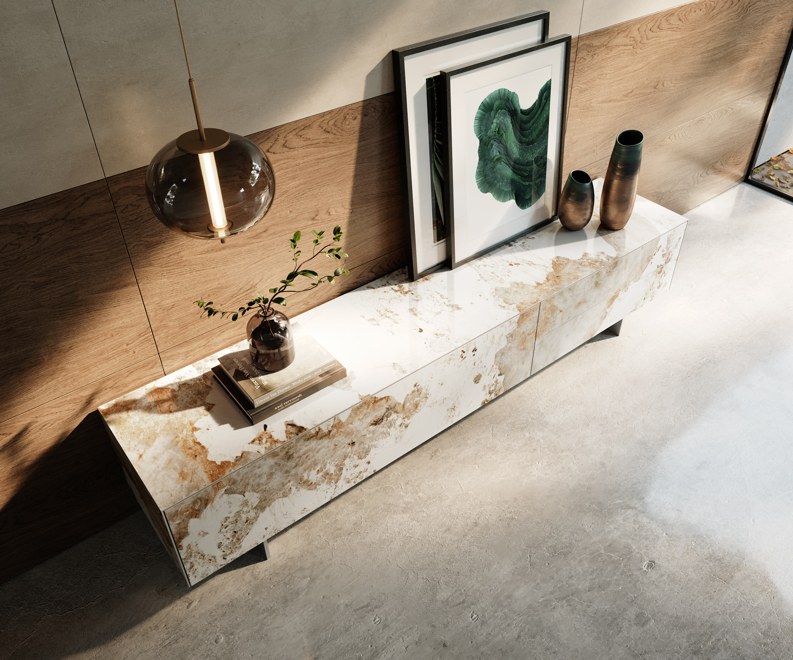 TV szekrény Cuor 220 cm kerámia Minas Melange fehér-bézs 1 billenő ajtó 2 fiókos láb lebegő rozsdamentes acél - Image 4