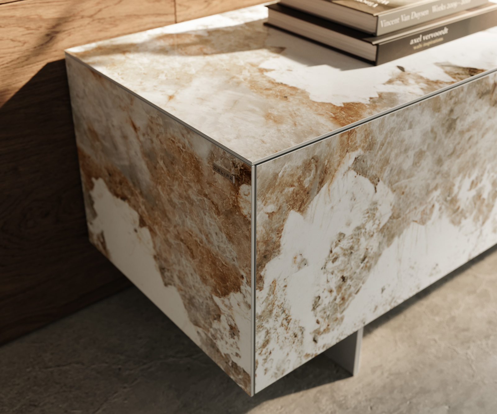 TV szekrény Cuor 220 cm kerámia Minas Melange fehér-bézs 1 billenő ajtó 2 fiókos láb lebegő rozsdamentes acél - Image 6