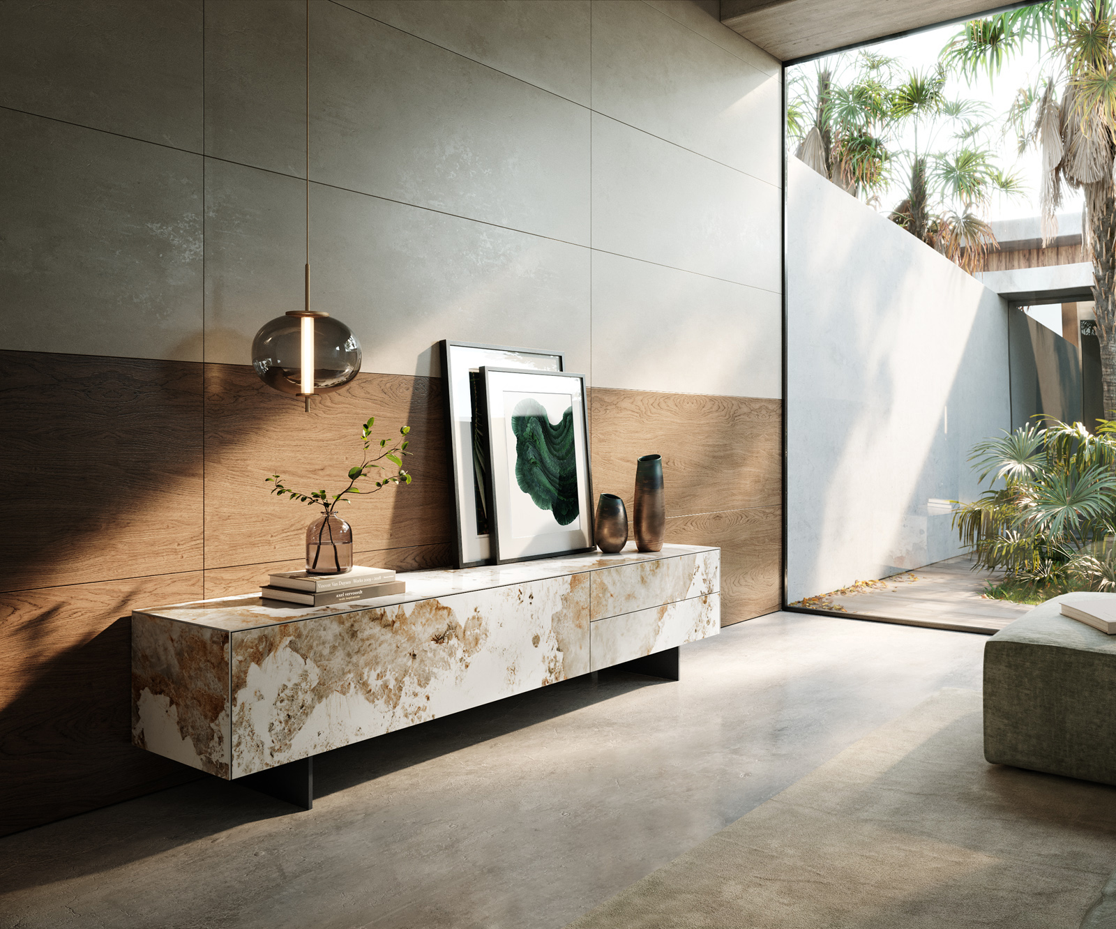 TV szekrény Cuor 220 cm kerámia Minas Melange fehér-bézs 1 billenő ajtó 2 fiókos lebegő fém láb fekete