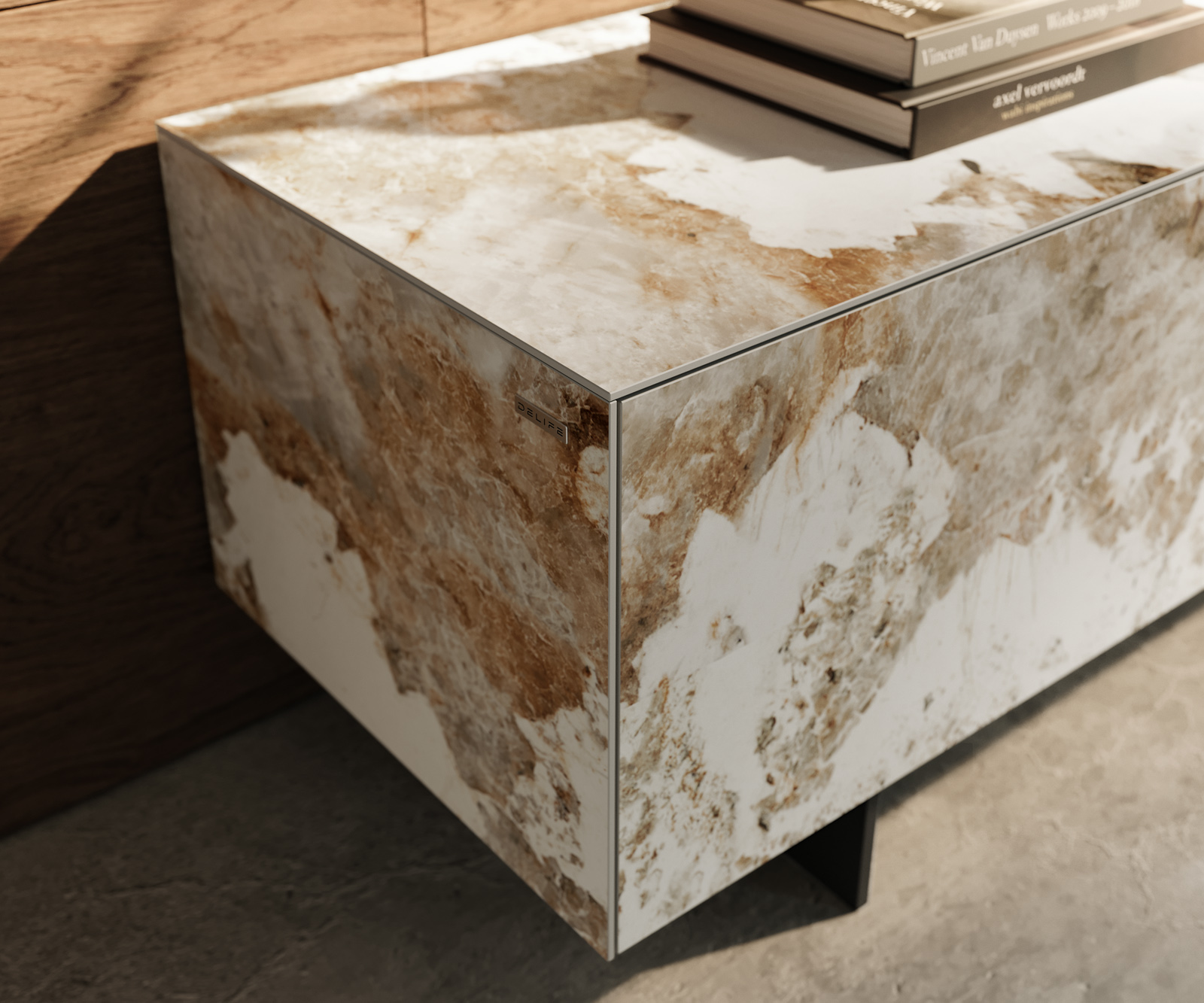 TV szekrény Cuor 220 cm kerámia Minas Melange fehér-bézs 1 billenő ajtó 2 fiókos lebegő fém láb fekete - Image 6