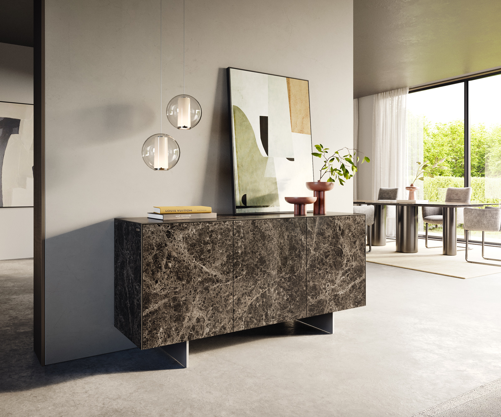 Komód Cuor 150 cm kerámia Laminam® Emperador Extra Lucidato sötétbarna 3 ajtós lebegő láb rozsdamentes acél