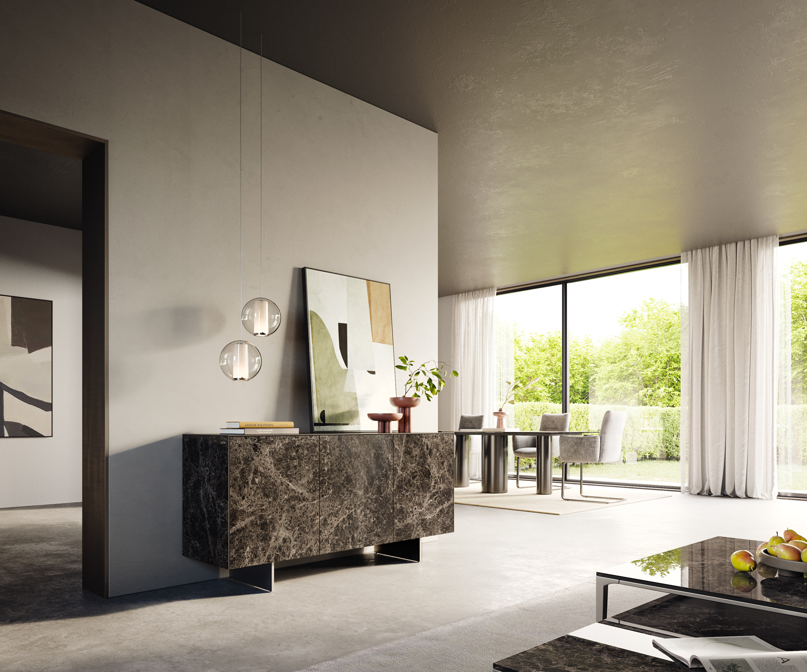 Komód Cuor 150 cm kerámia Laminam® Emperador Extra Lucidato sötétbarna 3 ajtós lebegő láb rozsdamentes acél - Image 7