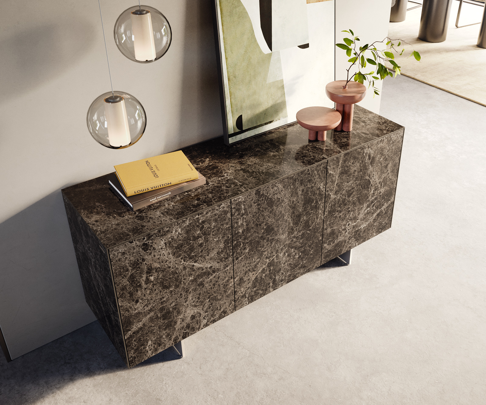 Komód Cuor 150 cm kerámia Laminam® Emperador Extra Lucidato sötétbarna 3 ajtós lebegő láb rozsdamentes acél - Image 4