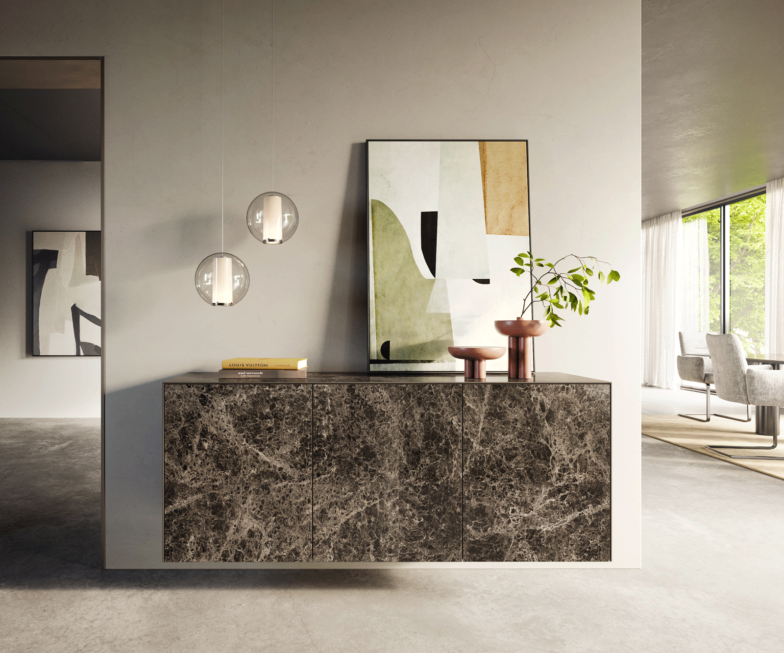 Komód Cuor 150 cm Laminam® Emperador kerámia extra fényes sötétbarna 3 ajtós lebegő - Image 2