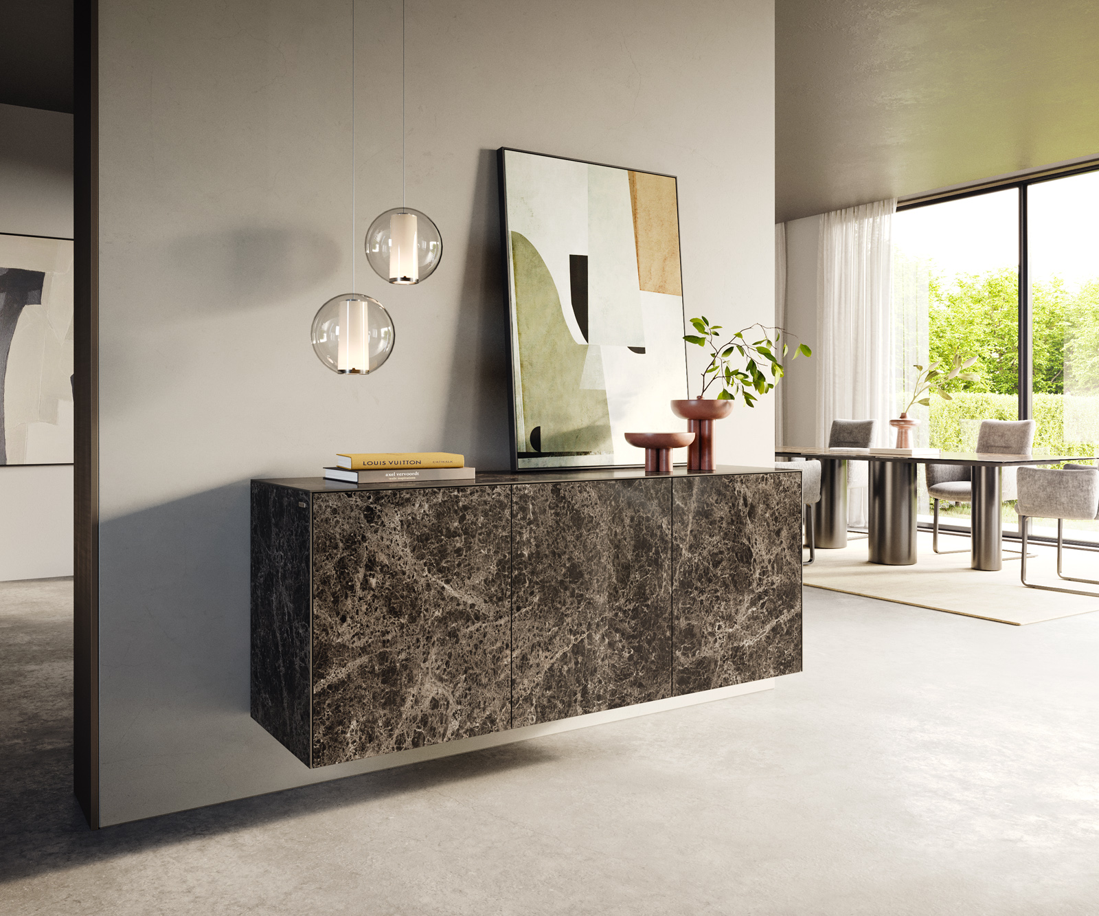 Komód Cuor 150 cm Laminam® Emperador kerámia extra fényes sötétbarna 3 ajtós lebegő