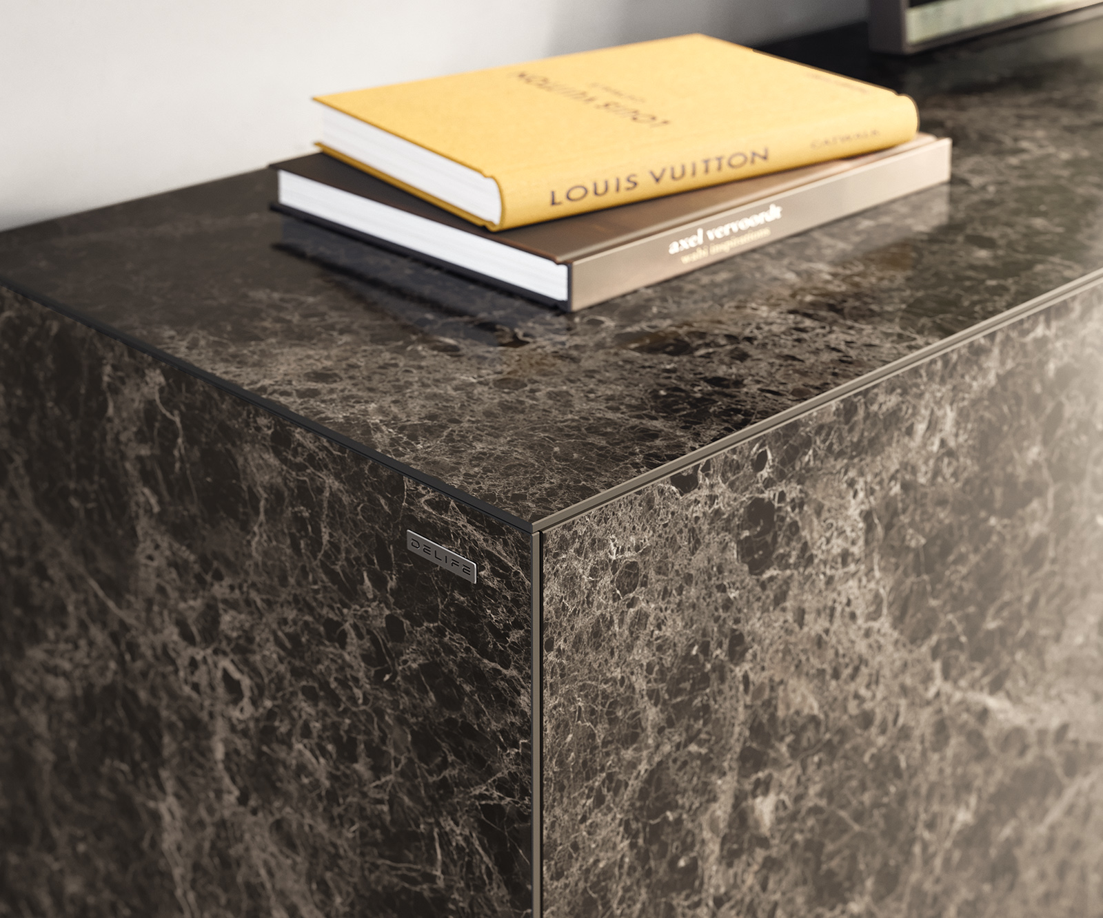 Komód Cuor 150 cm Laminam® Emperador kerámia extra fényes sötétbarna 3 ajtós lebegő - Image 6