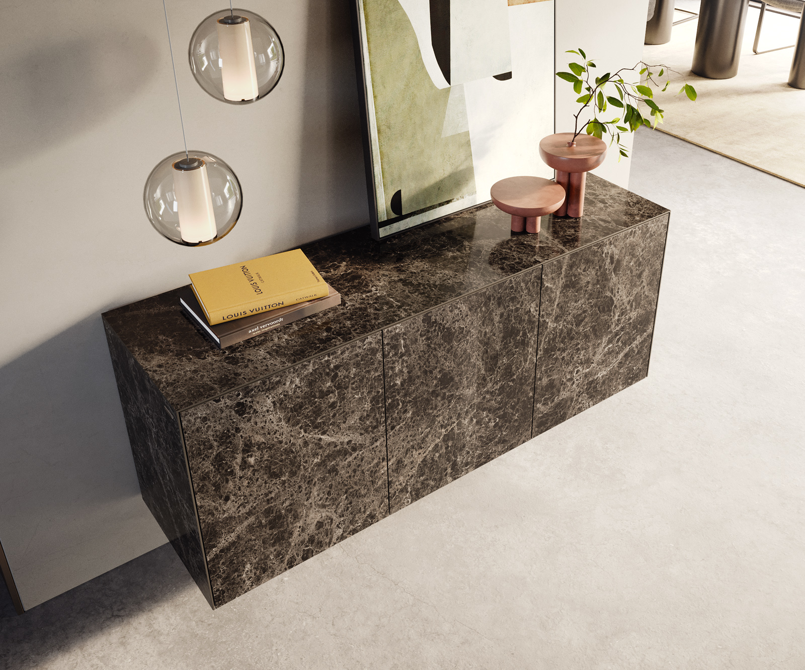 Komód Cuor 150 cm Laminam® Emperador kerámia extra fényes sötétbarna 3 ajtós lebegő - Image 4