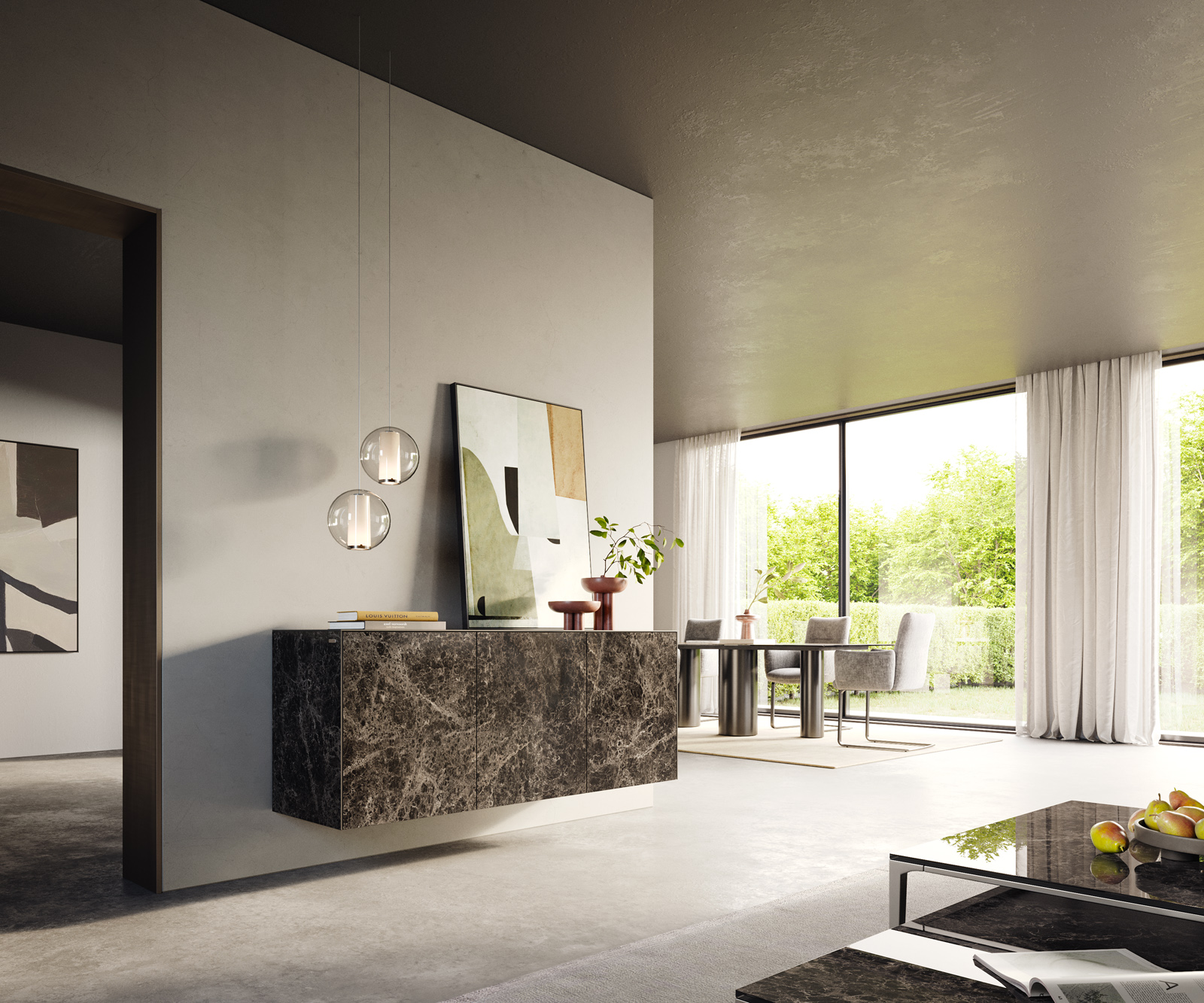 Komód Cuor 150 cm Laminam® Emperador kerámia extra fényes sötétbarna 3 ajtós lebegő - Image 7