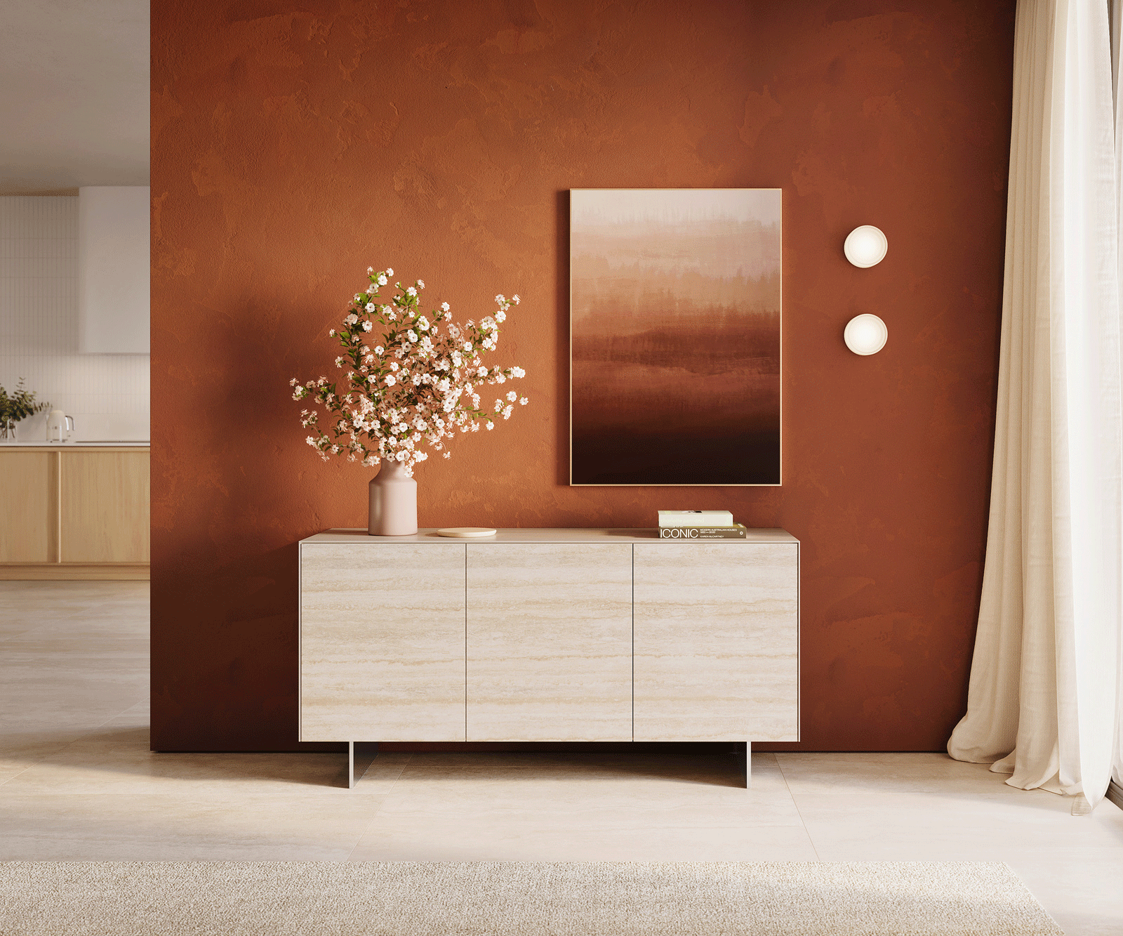 Komód Cuor 150 cm kerámia Laminam® Travertino Bianco krémfehér 3 ajtós lebegő láb rozsdamentes acél - Image 2