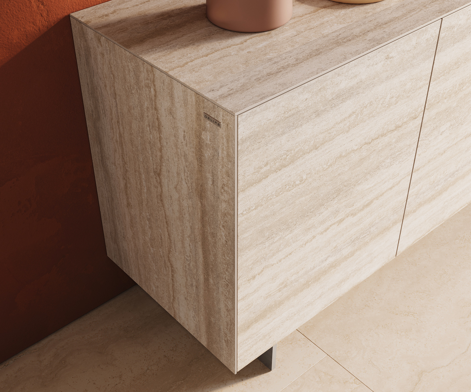 Komód Cuor 150 cm kerámia Laminam® Travertino Bianco krémfehér 3 ajtós lebegő láb rozsdamentes acél - Image 6