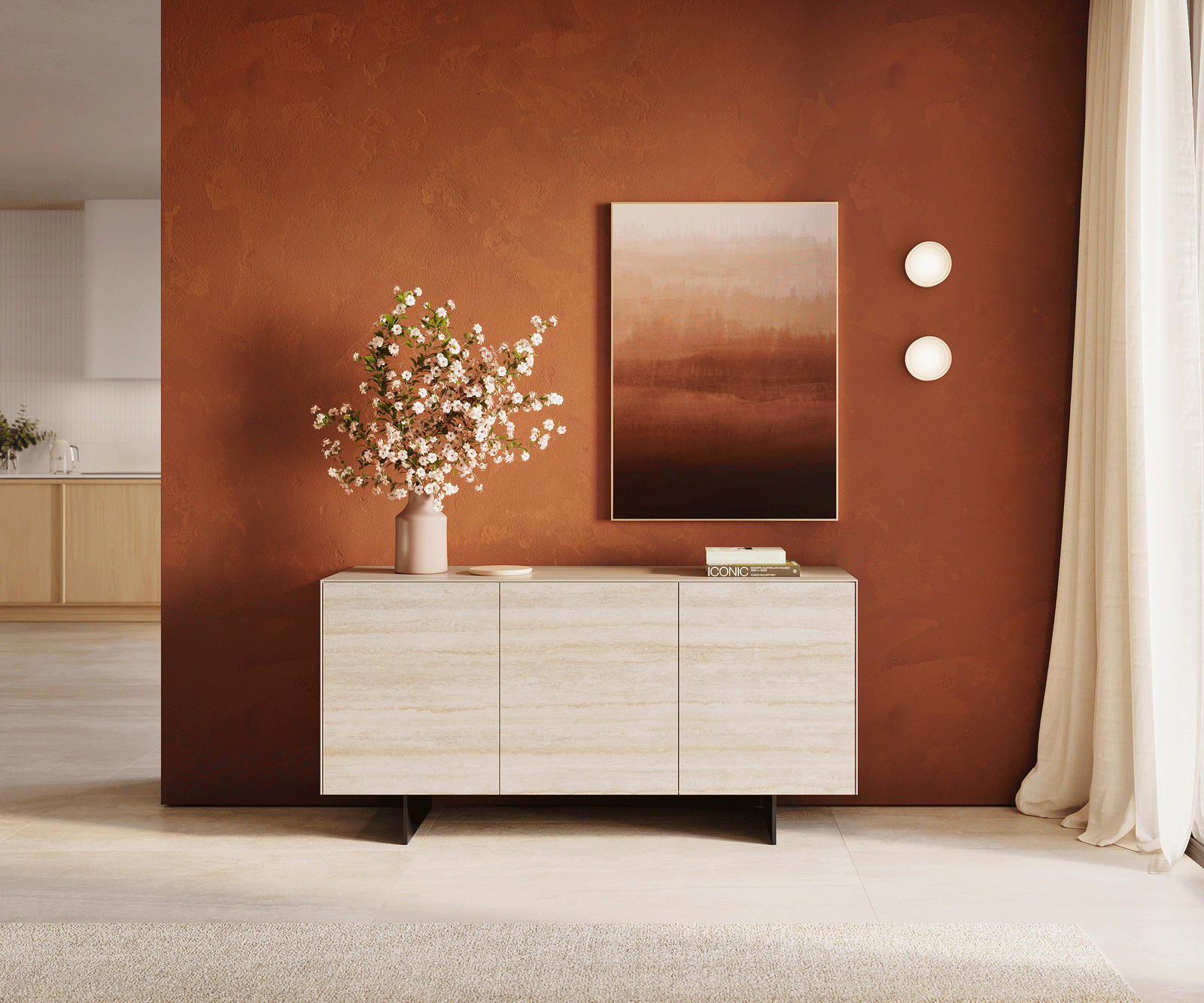 Komód Cuor 150 cm kerámia Laminam® Travertino Bianco krémfehér 3 ajtós lebegő fém láb fekete - Image 2