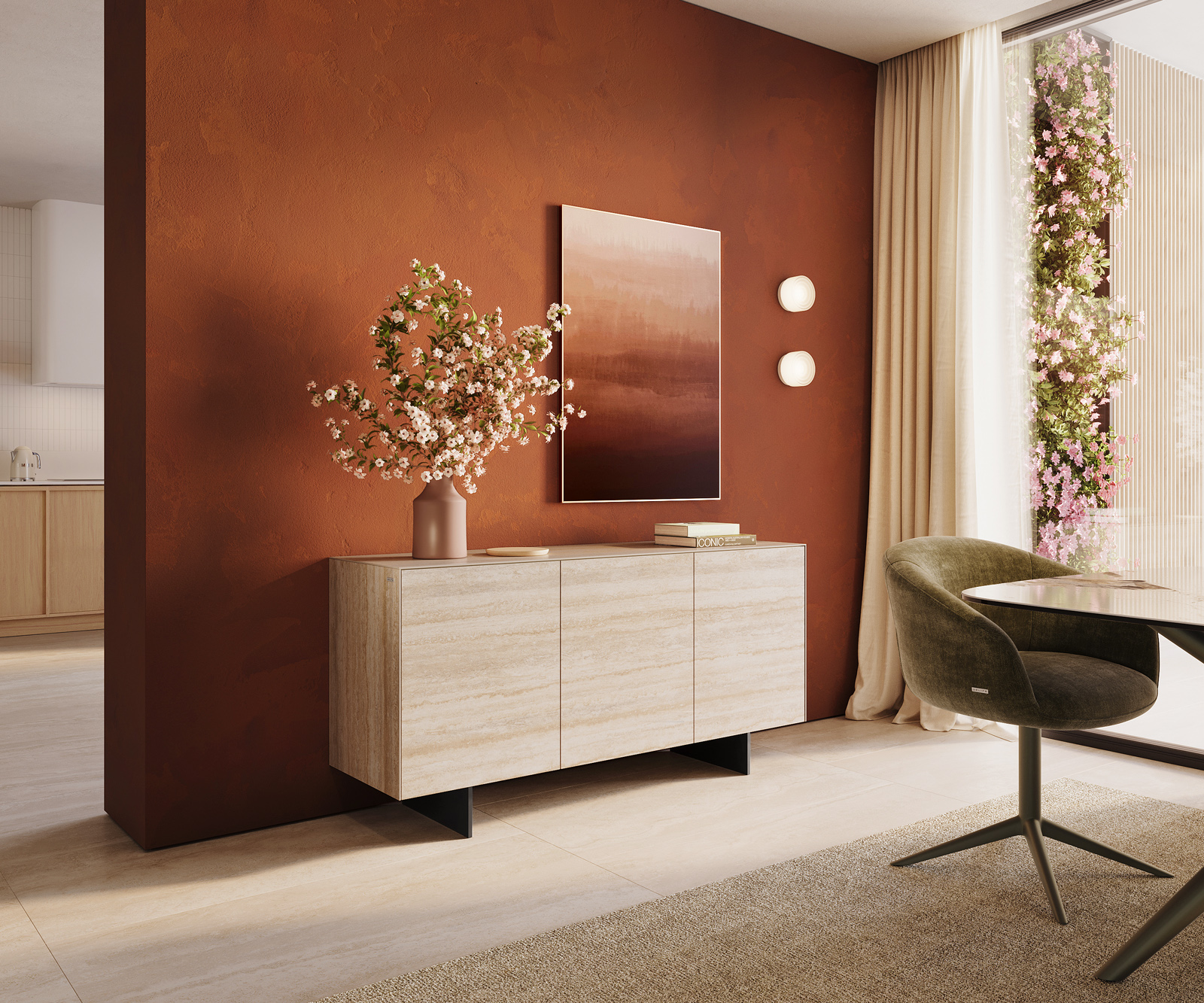 Komód Cuor 150 cm kerámia Laminam® Travertino Bianco krémfehér 3 ajtós lebegő fém láb fekete