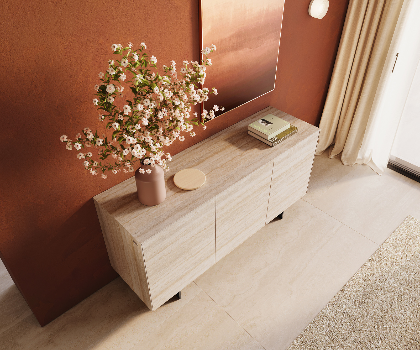 Komód Cuor 150 cm kerámia Laminam® Travertino Bianco krémfehér 3 ajtós lebegő fém láb fekete - Image 4