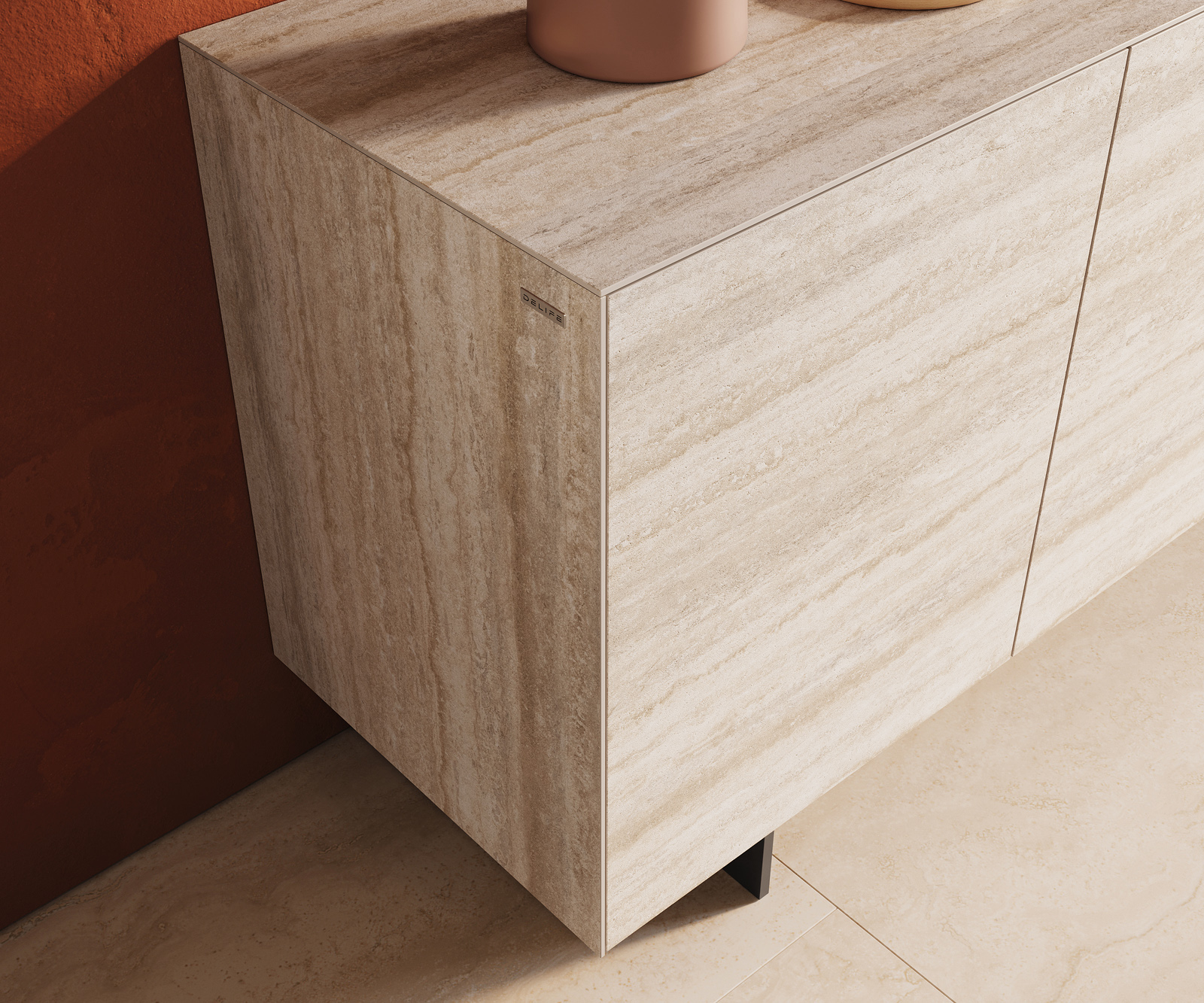 Komód Cuor 150 cm kerámia Laminam® Travertino Bianco krémfehér 3 ajtós lebegő fém láb fekete - Image 6