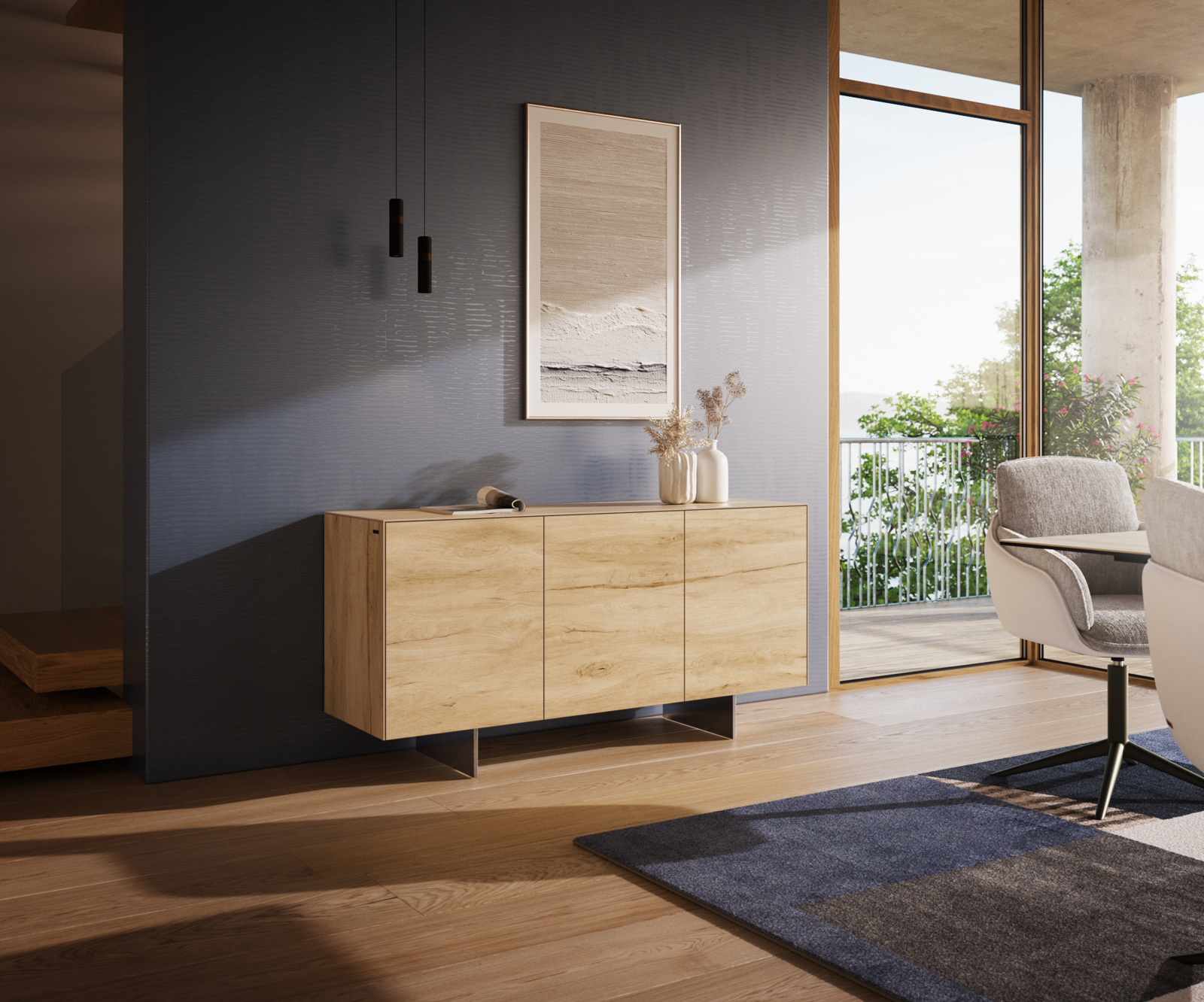 Komód Cuor 150 cm kerámia Laminam® Sabbia tölgyszínű 3 ajtós lebegő láb rozsdamentes acél