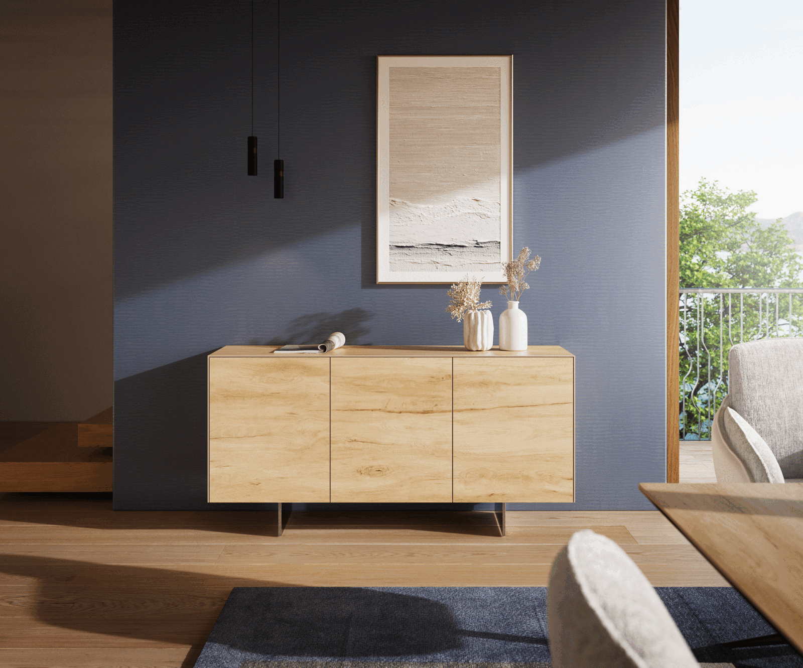 Komód Cuor 150 cm kerámia Laminam® Sabbia tölgyszínű 3 ajtós lebegő láb rozsdamentes acél - Image 2