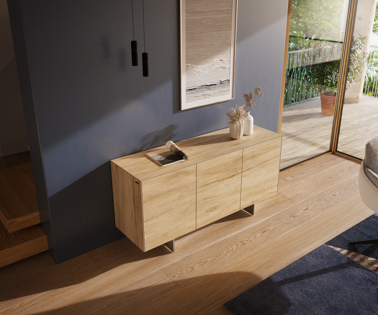 Komód Cuor 150 cm kerámia Laminam® Sabbia tölgyszínű 3 ajtós lebegő láb rozsdamentes acél - Image 4