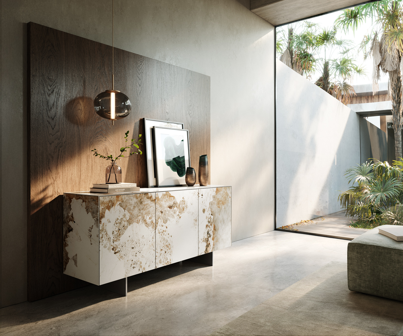 Komód Cuor 150 cm kerámia Minas Melange fehér-bézs 3 ajtós lebegő láb rozsdamentes acél