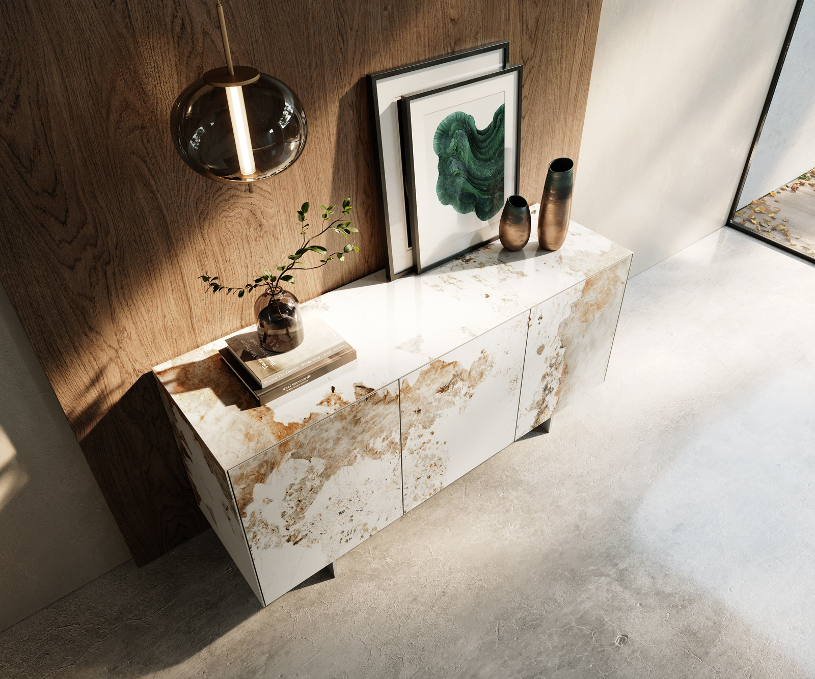 Komód Cuor 150 cm kerámia Minas Melange fehér-bézs 3 ajtós lebegő láb rozsdamentes acél - Image 4