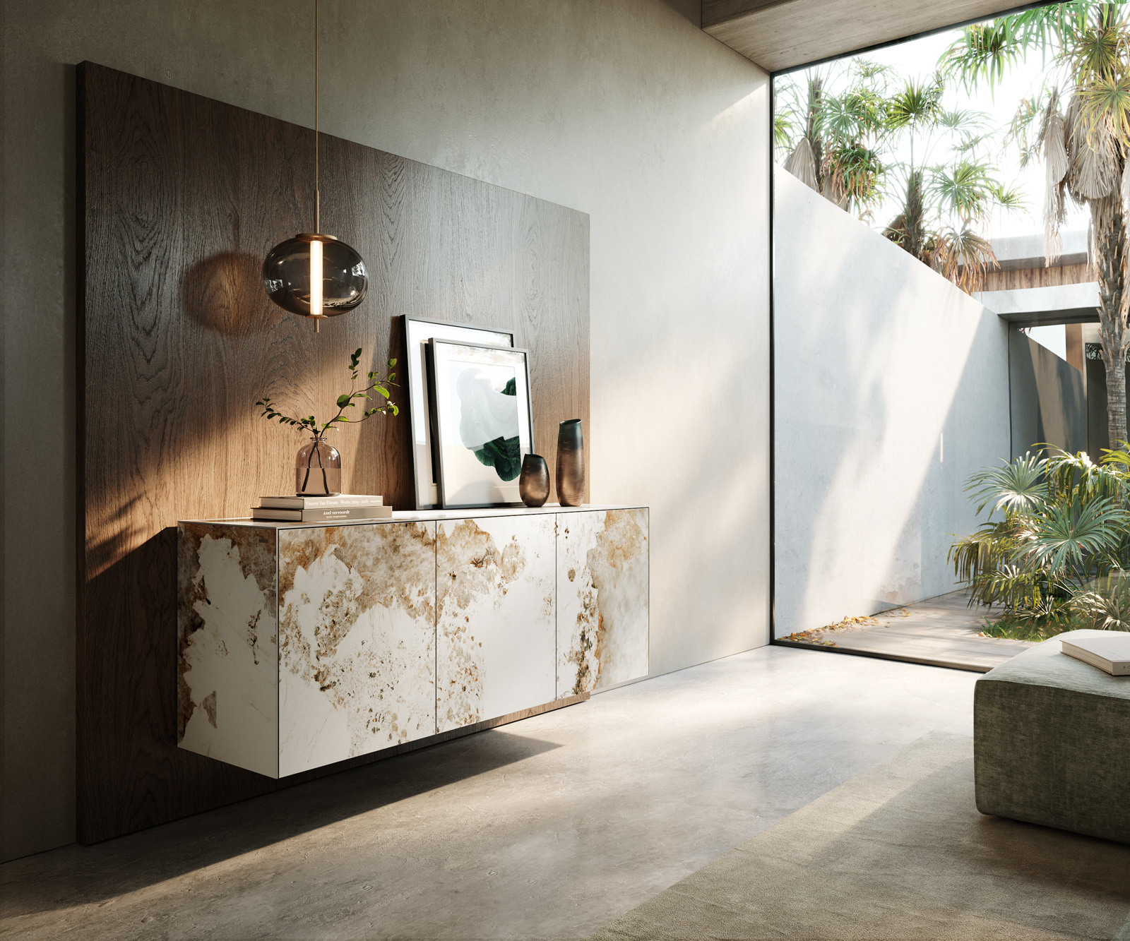 Komód Cuor 150 cm kerámia Minas melange fehér-bézs 3 ajtós lebegő