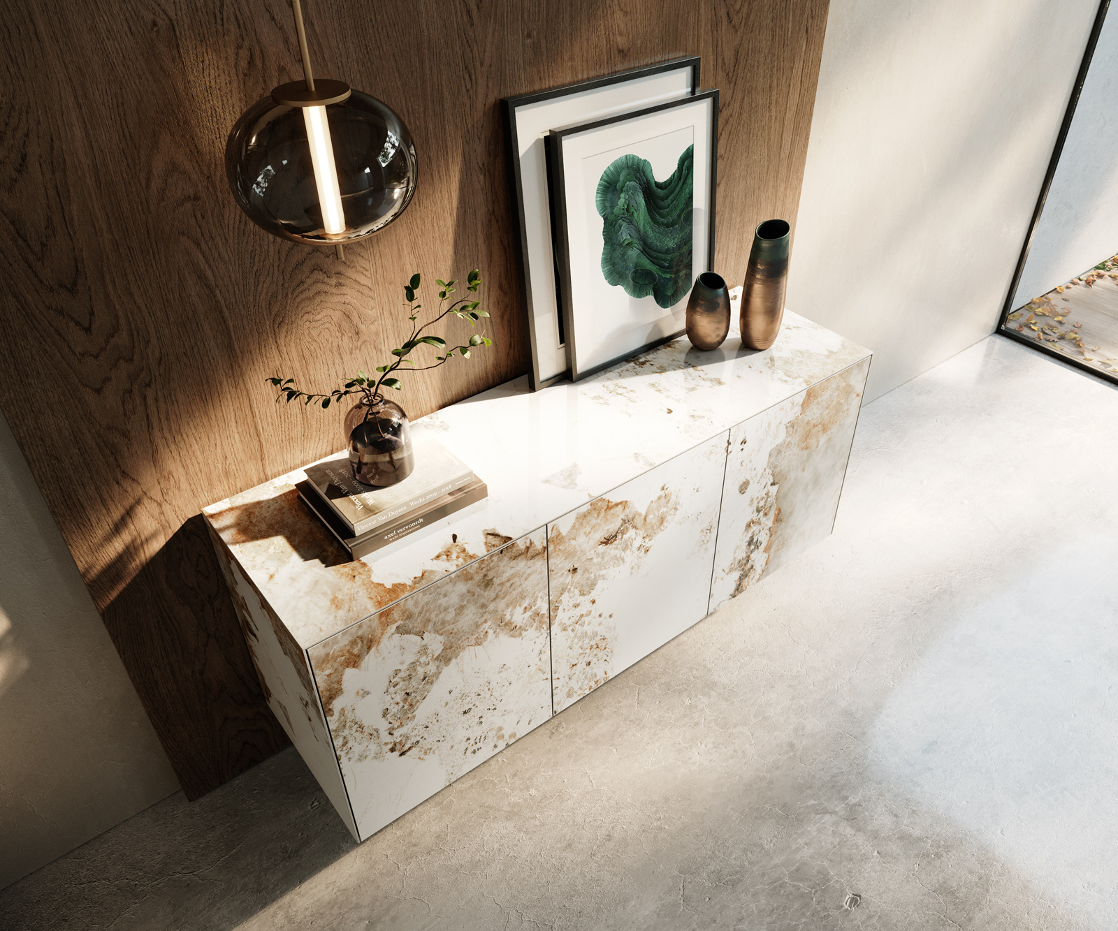 Komód Cuor 150 cm kerámia Minas melange fehér-bézs 3 ajtós lebegő - Image 4