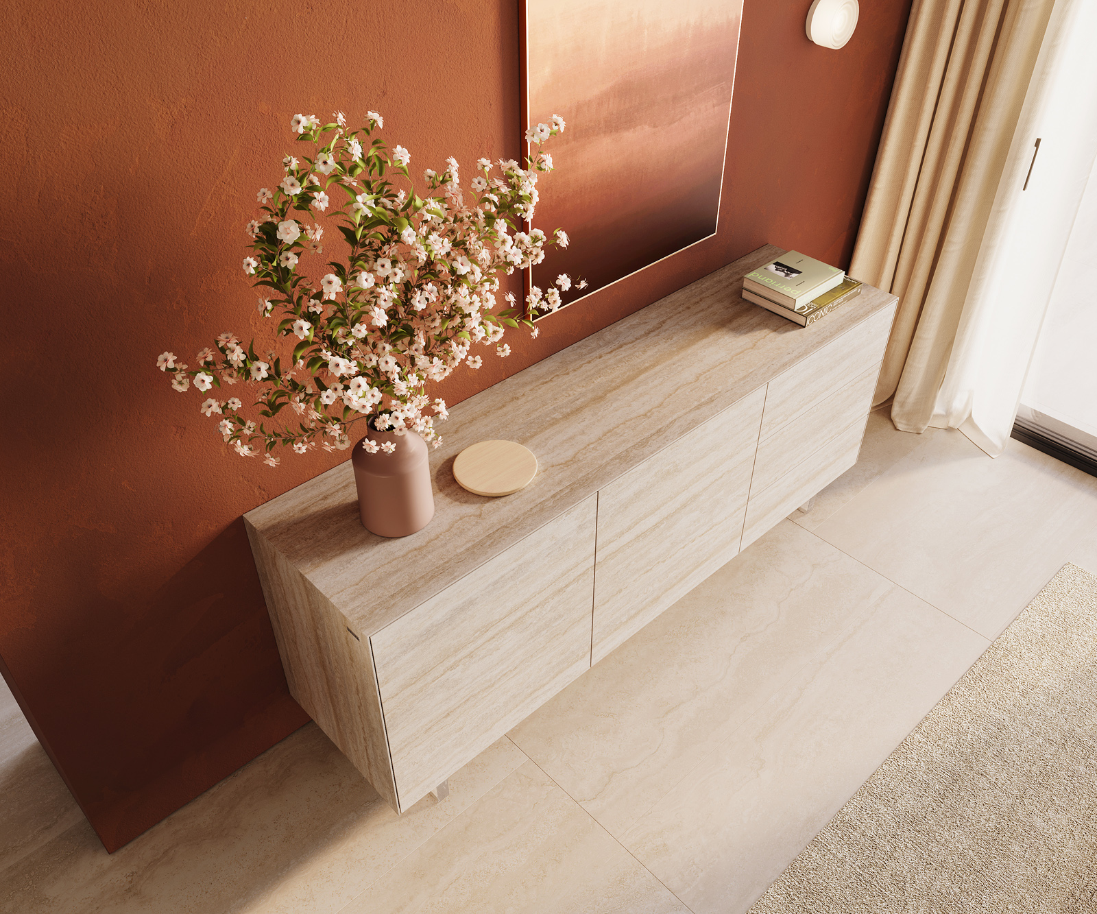 Komód Cuor 180 cm kerámia Laminam® Travertino Bianco krémfehér 2 ajtós 3 fiókos lebegő láb akrilüveg - Image 4