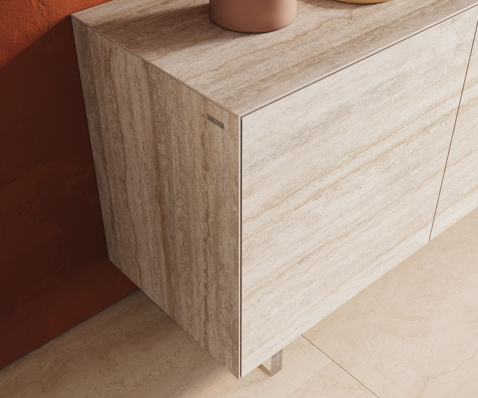 Komód Cuor 180 cm kerámia Laminam® Travertino Bianco krémfehér 2 ajtós 3 fiókos lebegő láb akrilüveg - Image 6