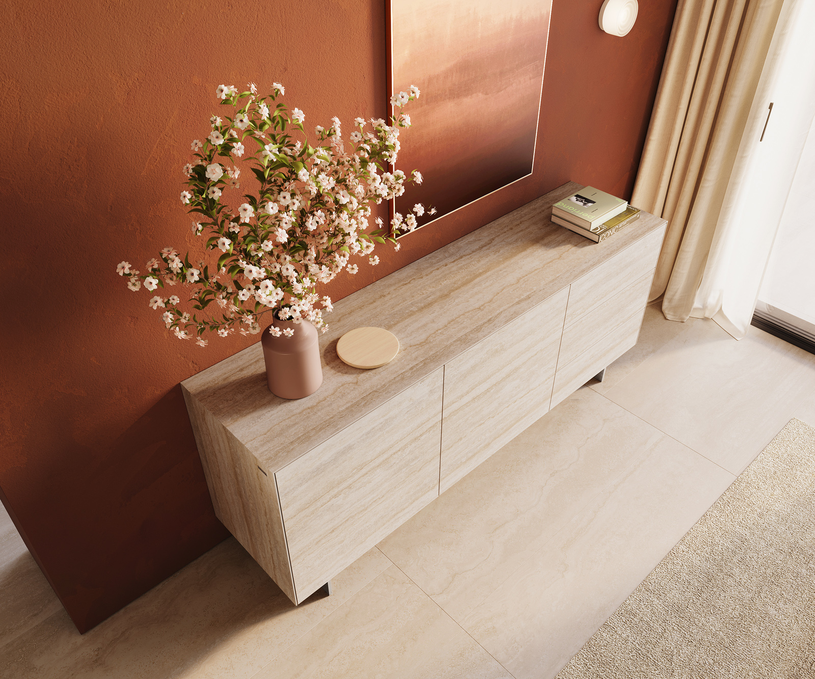 Komód Cuor 180 cm kerámia Laminam® Travertino Bianco krémfehér 2 ajtós 3 fiókos rozsdamentes acél lebegő láb - Image 4