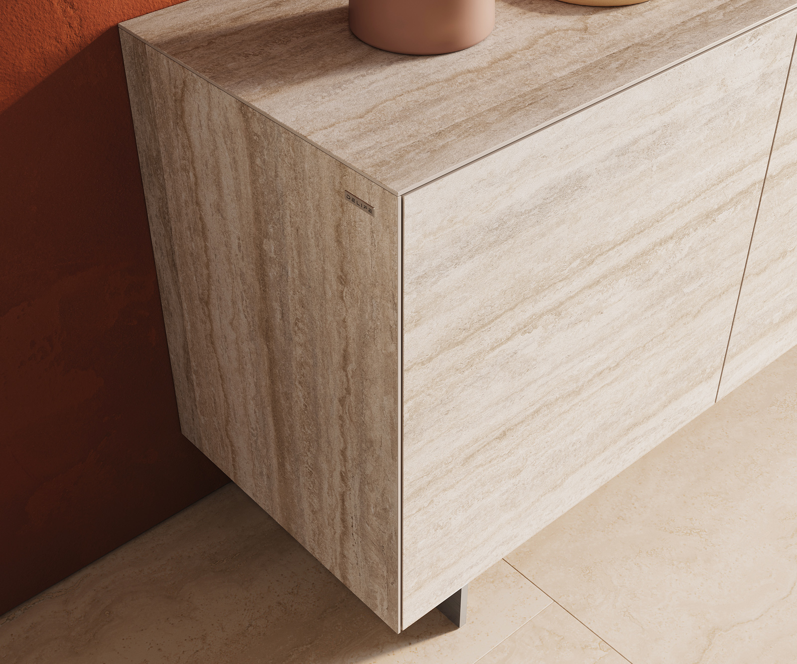 Komód Cuor 180 cm kerámia Laminam® Travertino Bianco krémfehér 2 ajtós 3 fiókos rozsdamentes acél lebegő láb - Image 6