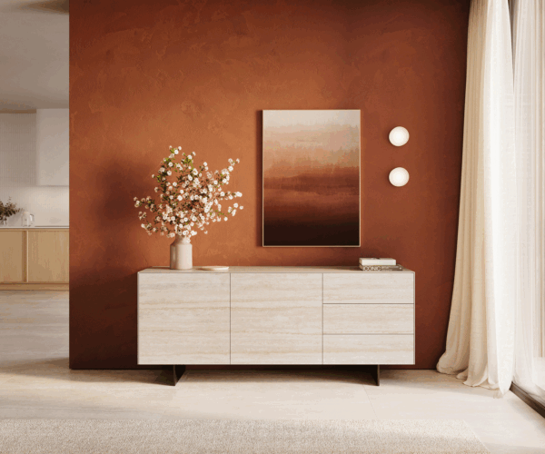 Komód Cuor 180 cm kerámia Laminam® Travertino Bianco krémfehér 2 ajtós 3 fiókos lebegő fém láb fekete - Image 2