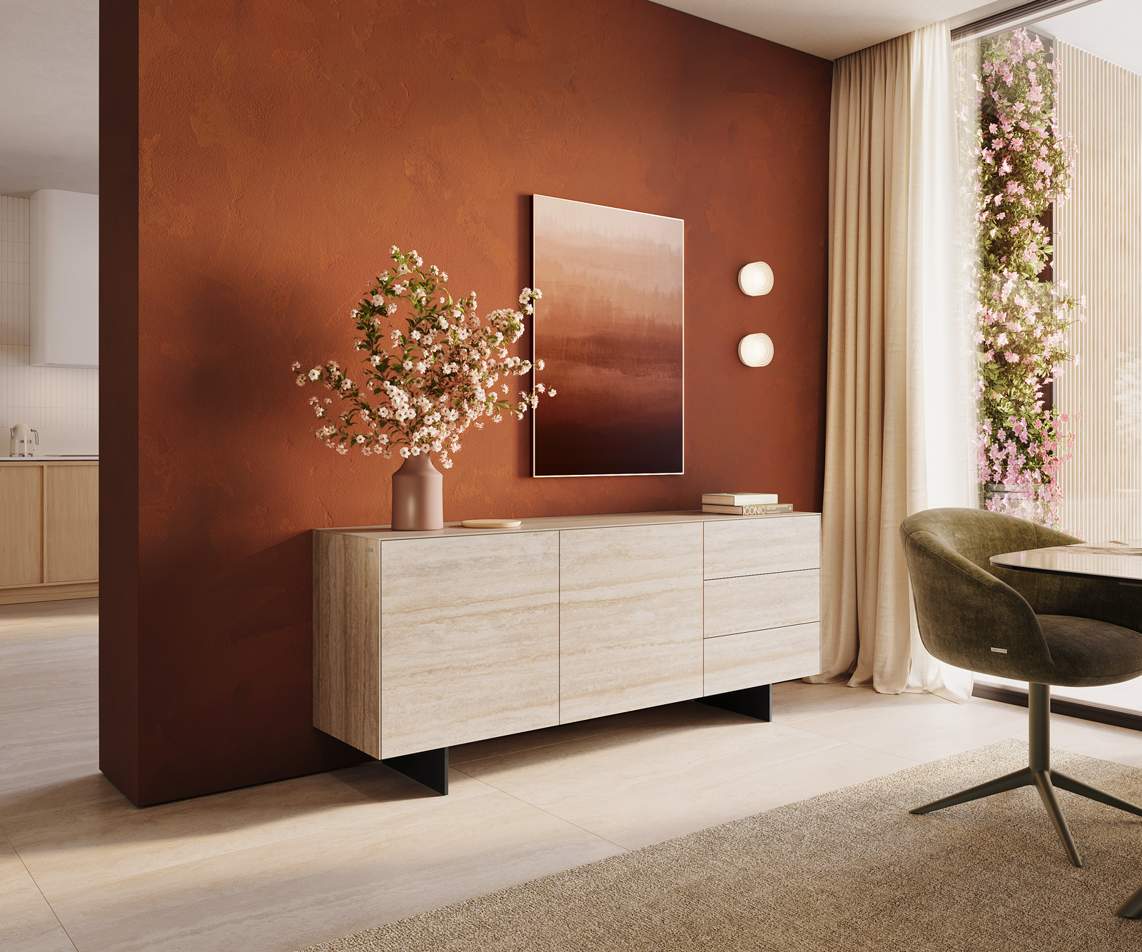 Komód Cuor 180 cm kerámia Laminam® Travertino Bianco krémfehér 2 ajtós 3 fiókos lebegő fém láb fekete
