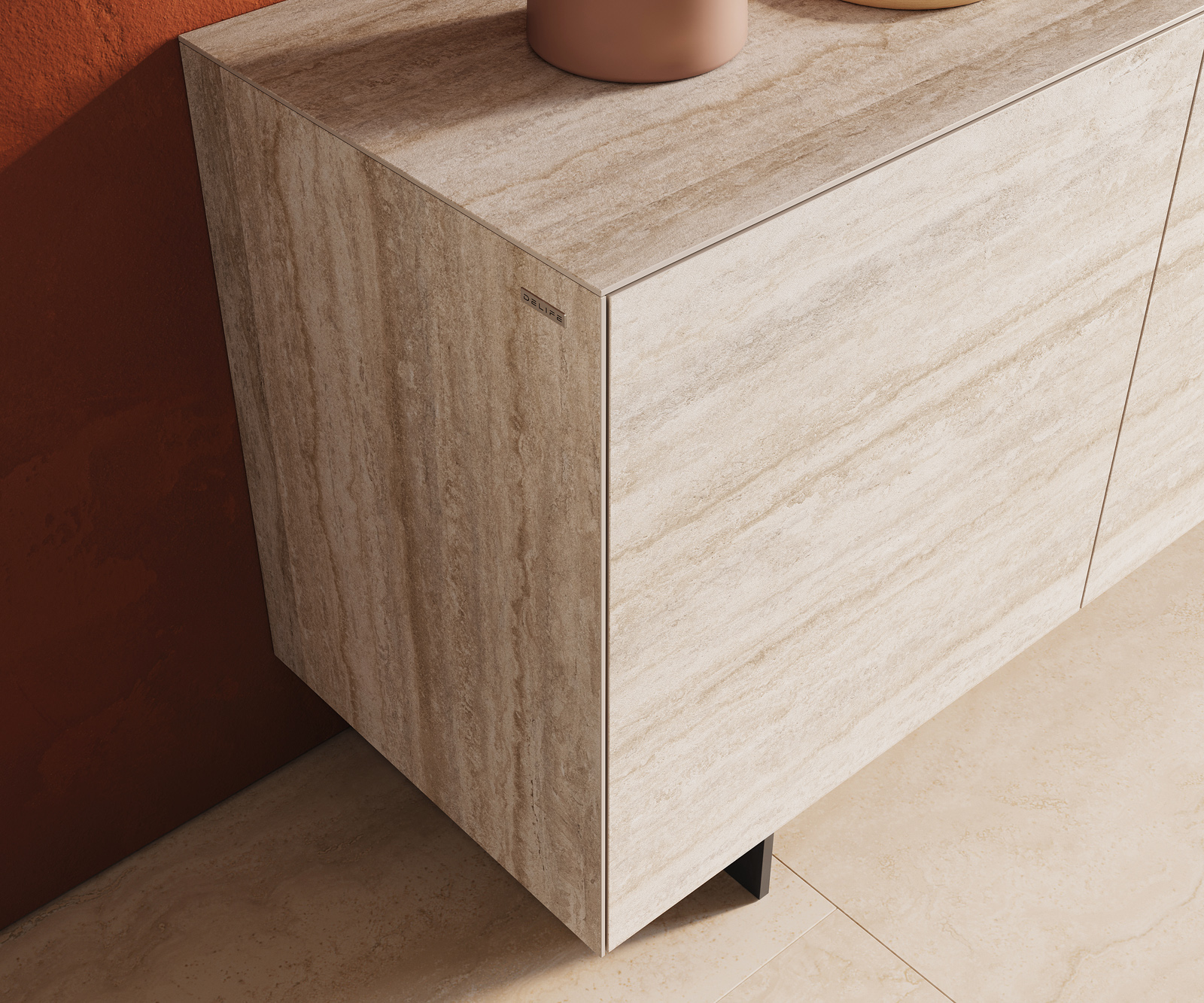 Komód Cuor 180 cm kerámia Laminam® Travertino Bianco krémfehér 2 ajtós 3 fiókos lebegő fém láb fekete - Image 6