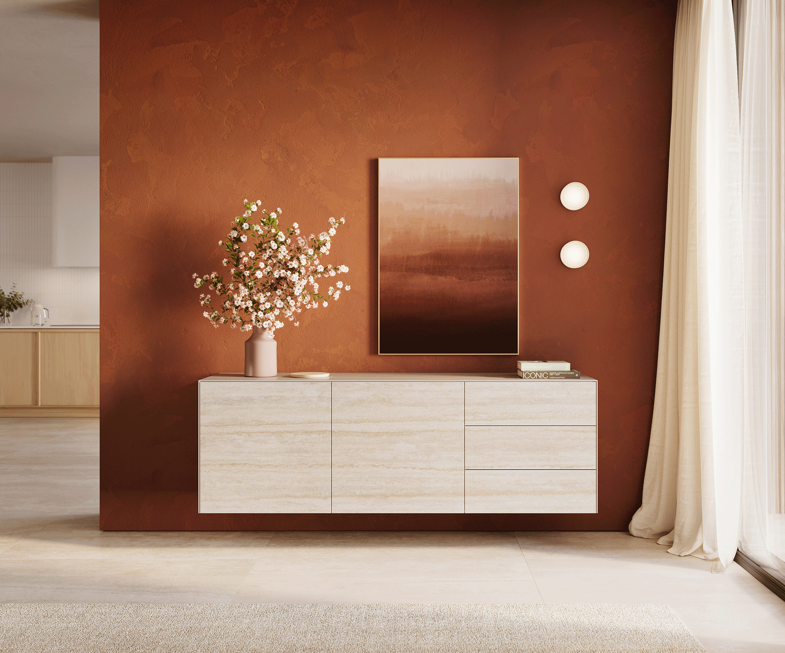 Komód Cuor 180 cm kerámia Laminam® Travertino Bianco krémfehér 2 ajtós 3 fiókos lebegő - Image 2