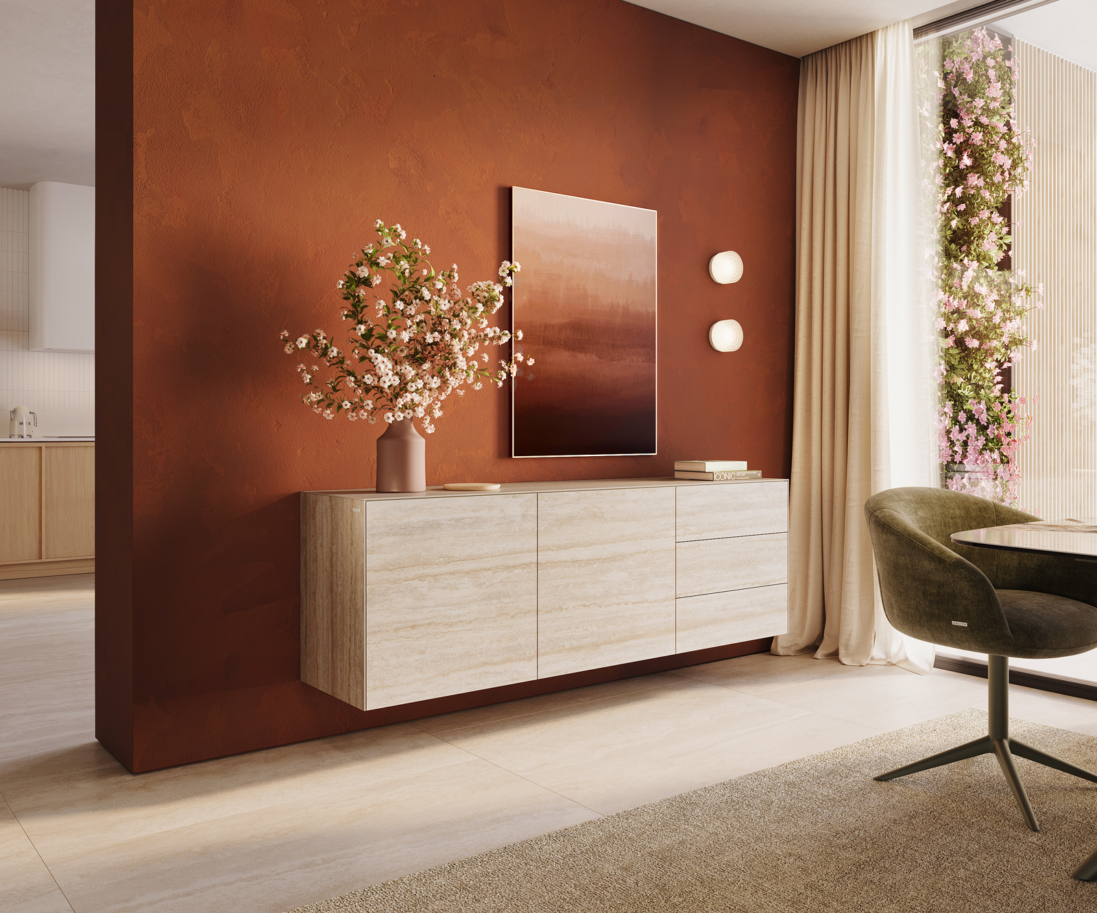 Komód Cuor 180 cm kerámia Laminam® Travertino Bianco krémfehér 2 ajtós 3 fiókos lebegő
