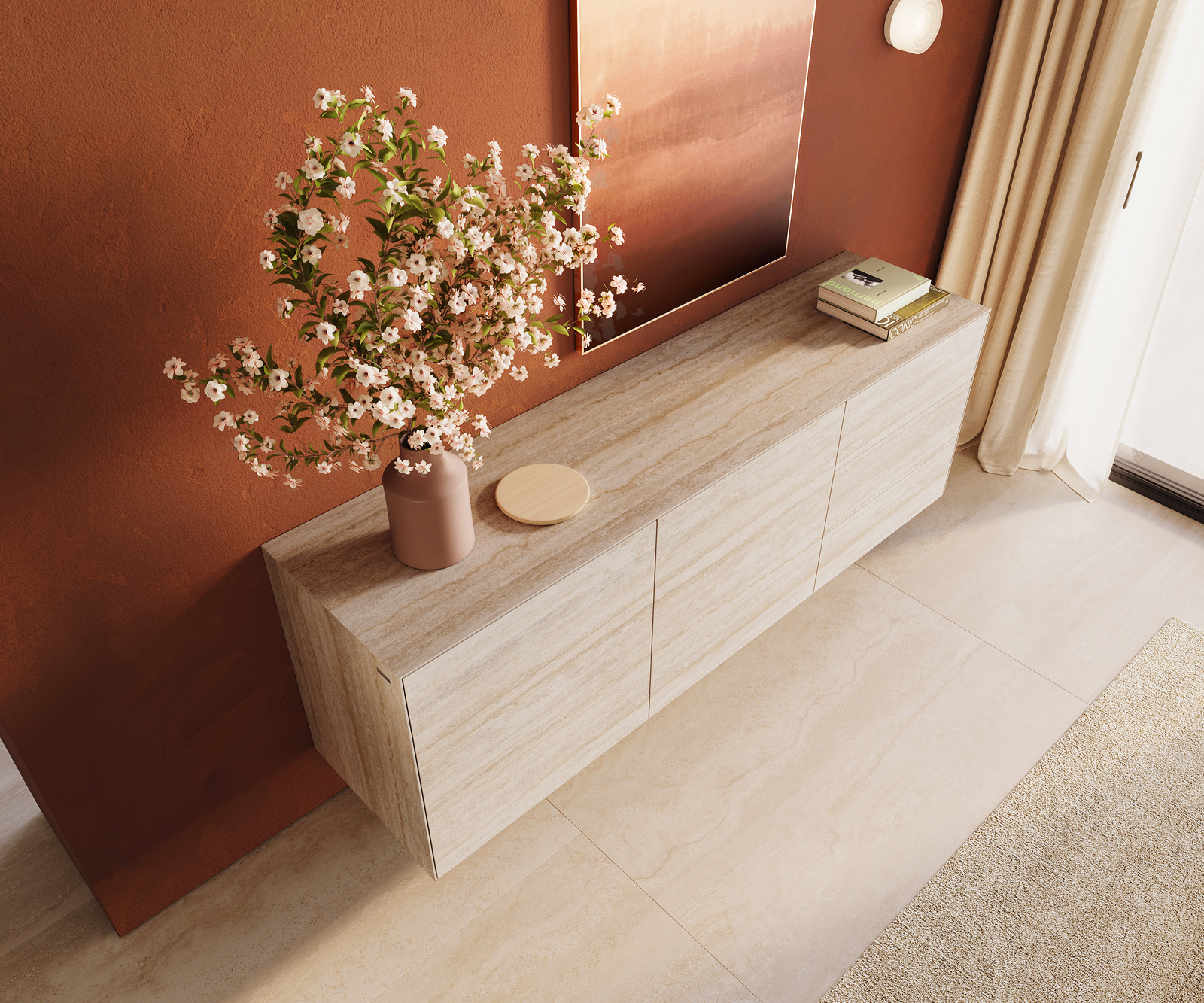 Komód Cuor 180 cm kerámia Laminam® Travertino Bianco krémfehér 2 ajtós 3 fiókos lebegő - Image 4