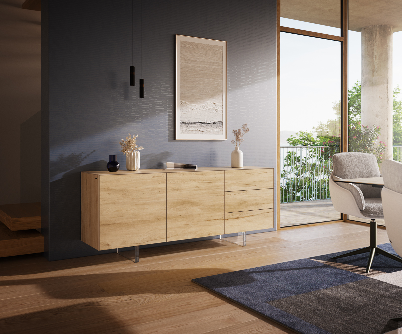 Komód Cuor 180 cm kerámia Laminam® Sabbia tölgyszínű 2 ajtós 3 fiókos lebegő lábú akrilüveg
