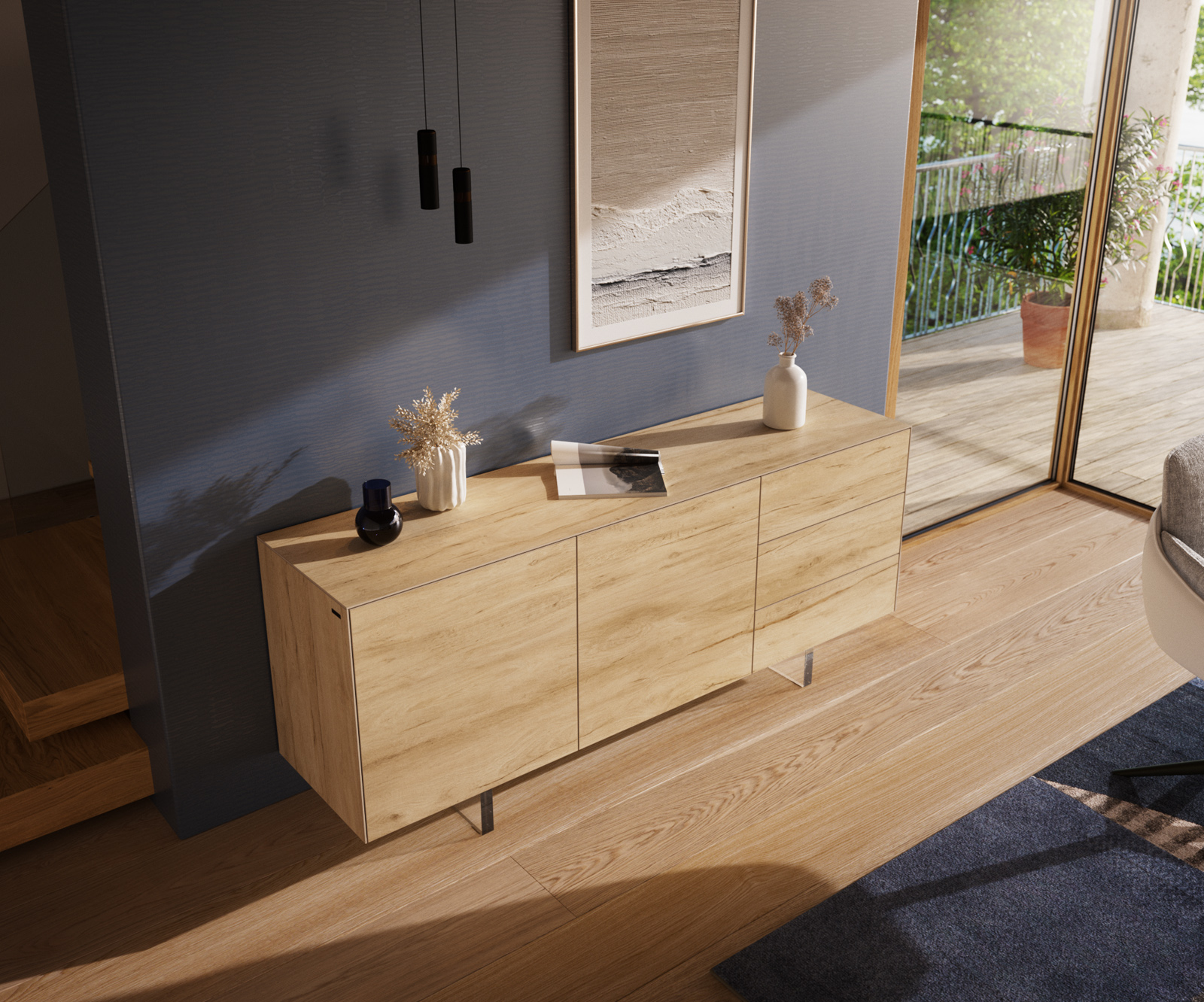 Komód Cuor 180 cm kerámia Laminam® Sabbia tölgyszínű 2 ajtós 3 fiókos lebegő lábú akrilüveg - Image 4